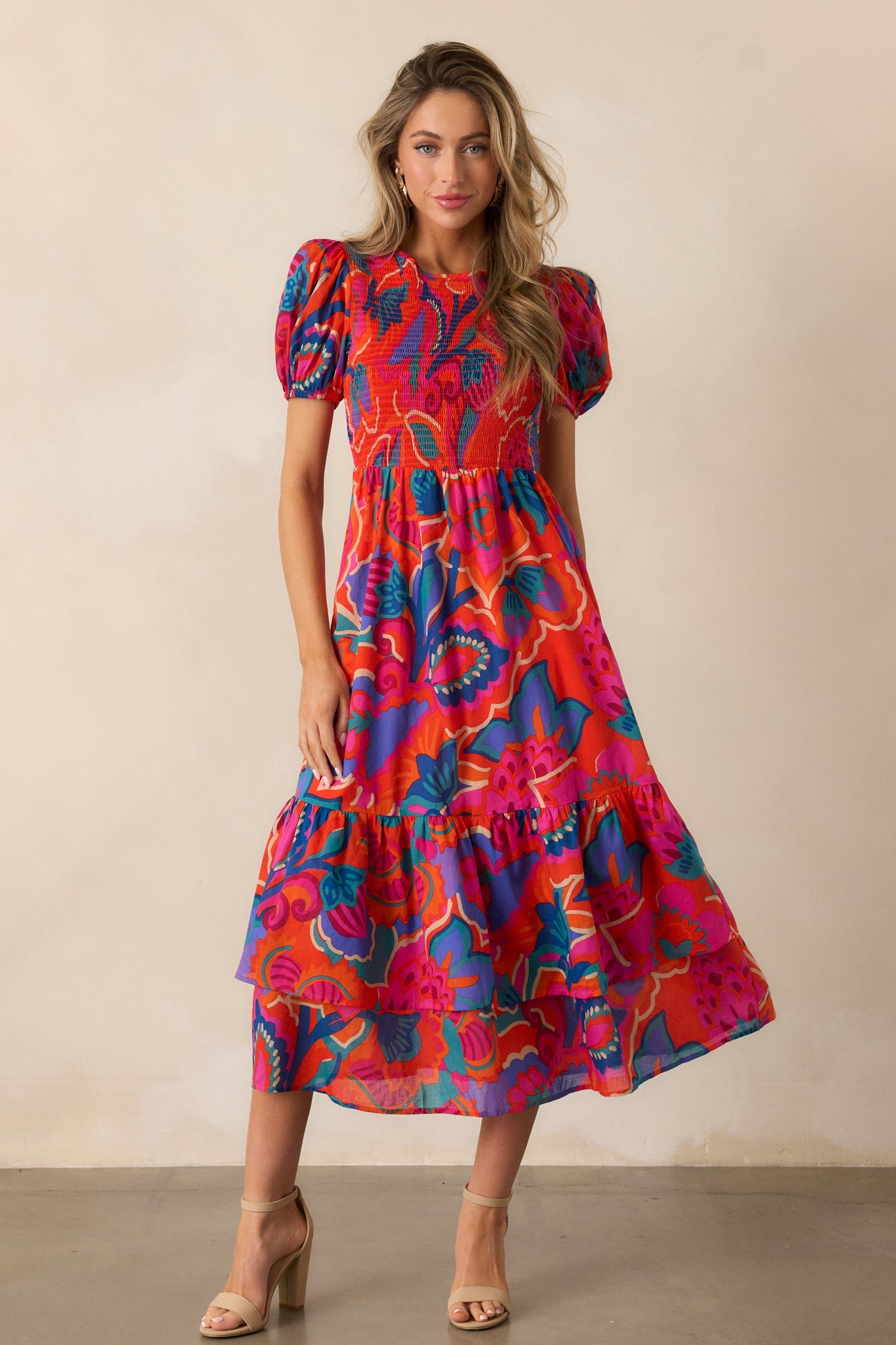 Catching Flights 100% Cotton Orange Multi Print Midi Dress