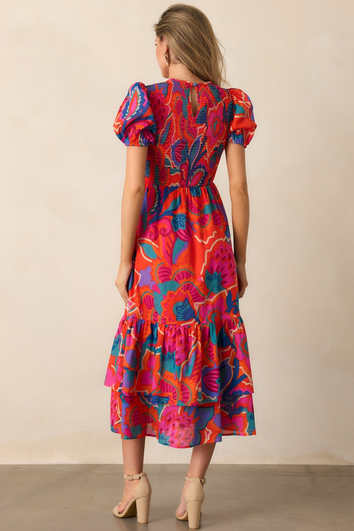 Catching Flights 100% Cotton Orange Multi Print Midi Dress