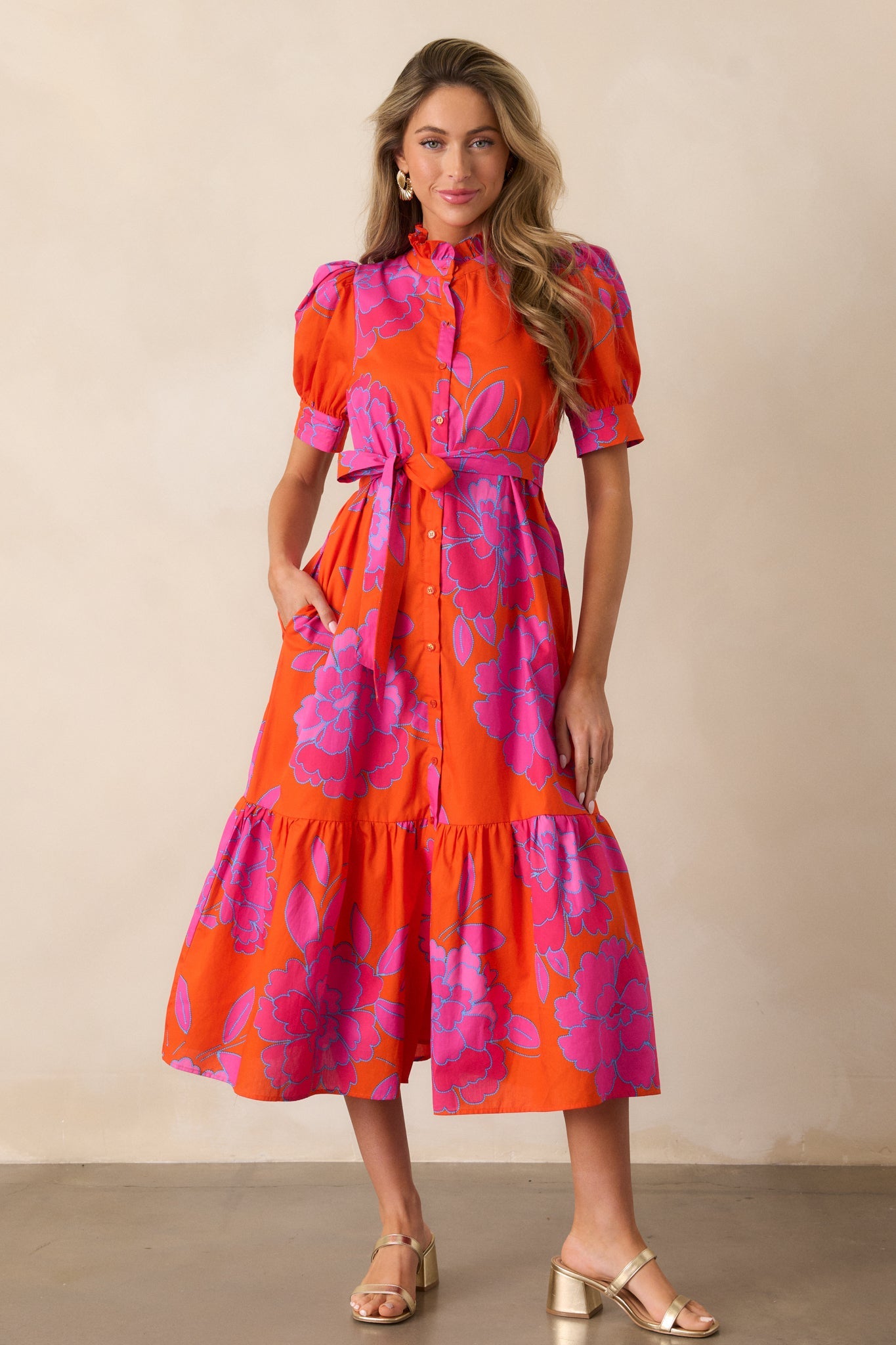 Free To Fly 100% Cotton Orange Floral Button Front Midi Dress