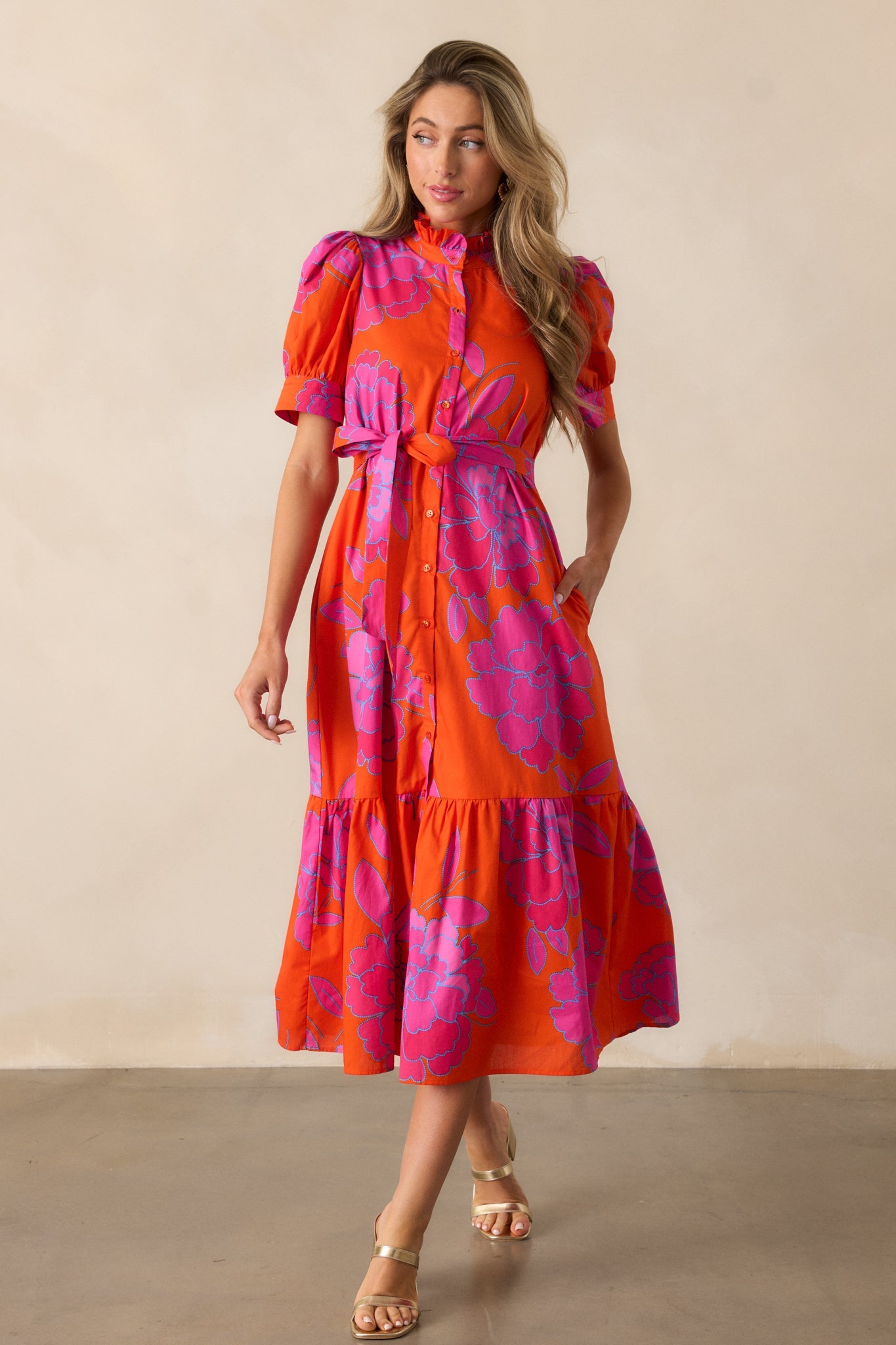 Free To Fly 100% Cotton Orange Floral Button Front Midi Dress