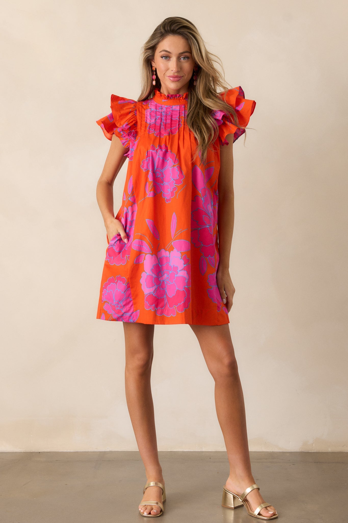 Breezes And Blooms 100% Cotton Orange Flutter Sleeve Mini Dress