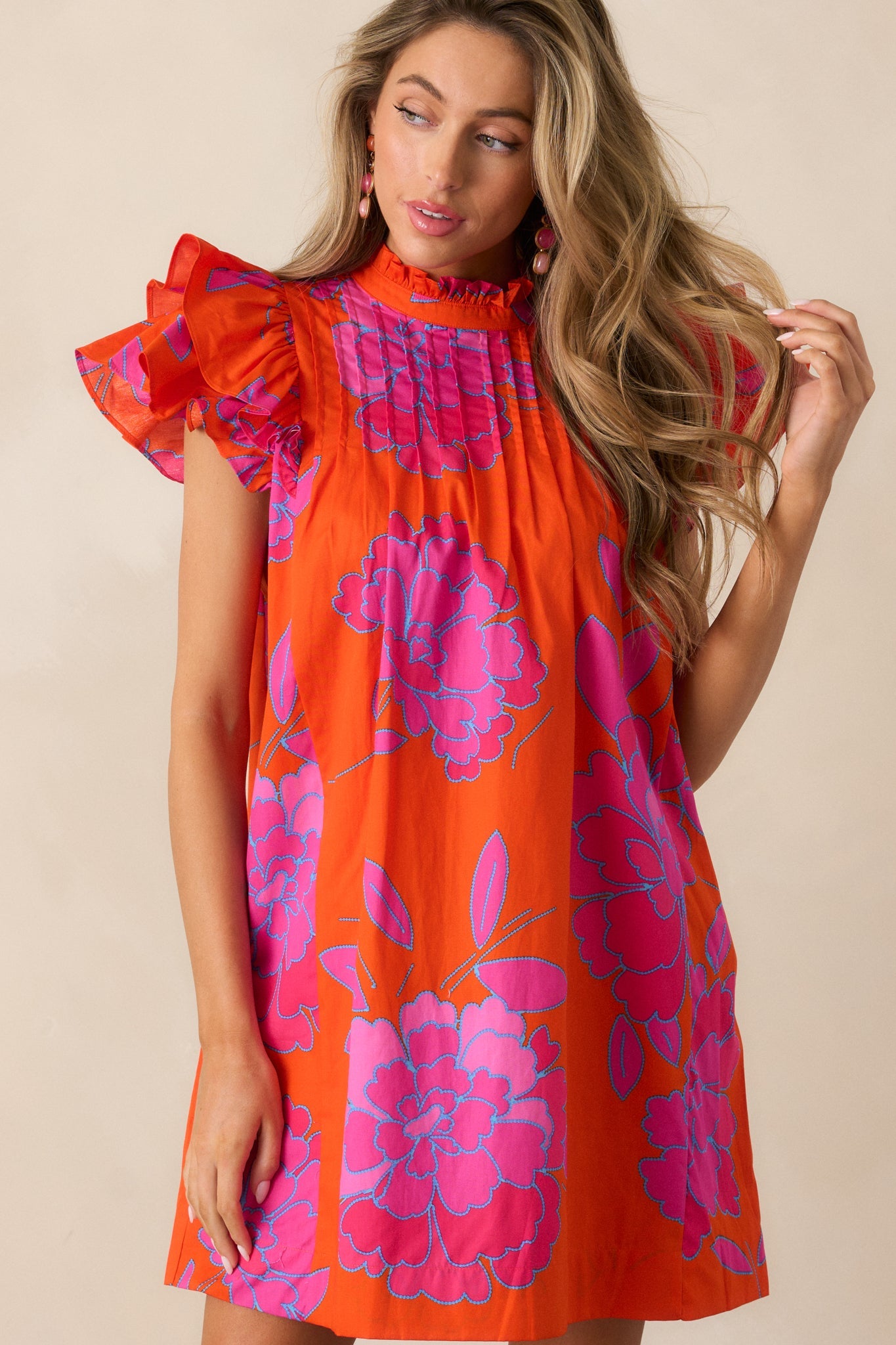 Breezes And Blooms 100% Cotton Orange Flutter Sleeve Mini Dress