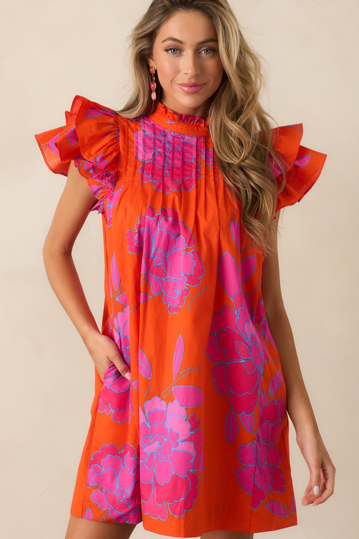 Breezes And Blooms 100% Cotton Orange Flutter Sleeve Mini Dress