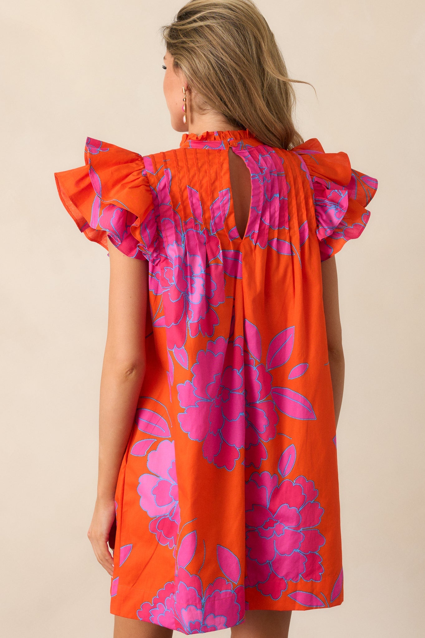 Breezes And Blooms 100% Cotton Orange Flutter Sleeve Mini Dress