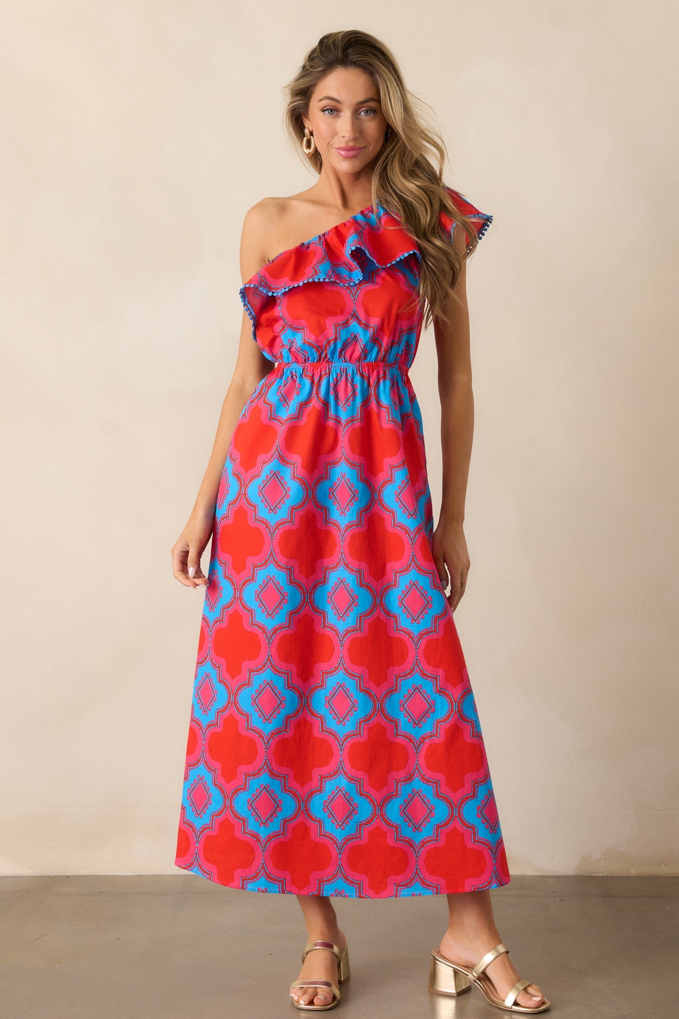 Packing My Bags 100% Cotton Red Multi Print One Shoulder Midi Dress
