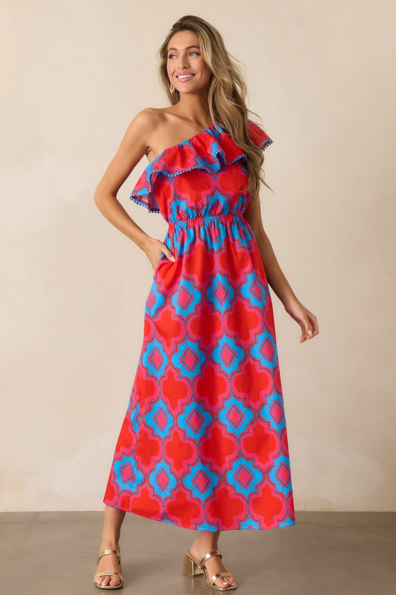 Packing My Bags 100% Cotton Red Multi Print One Shoulder Midi Dress