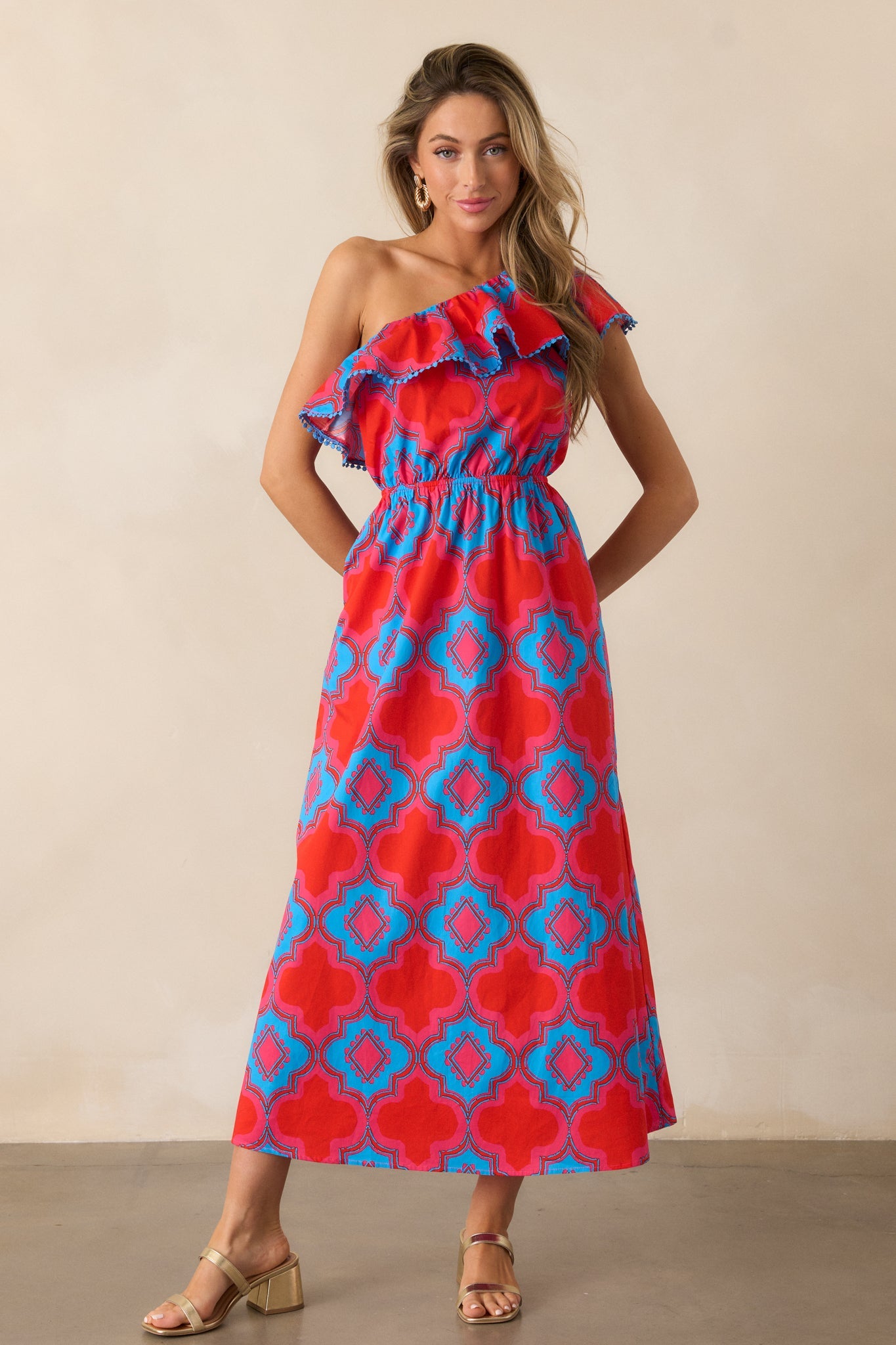 Packing My Bags 100% Cotton Red Multi Print One Shoulder Midi Dress