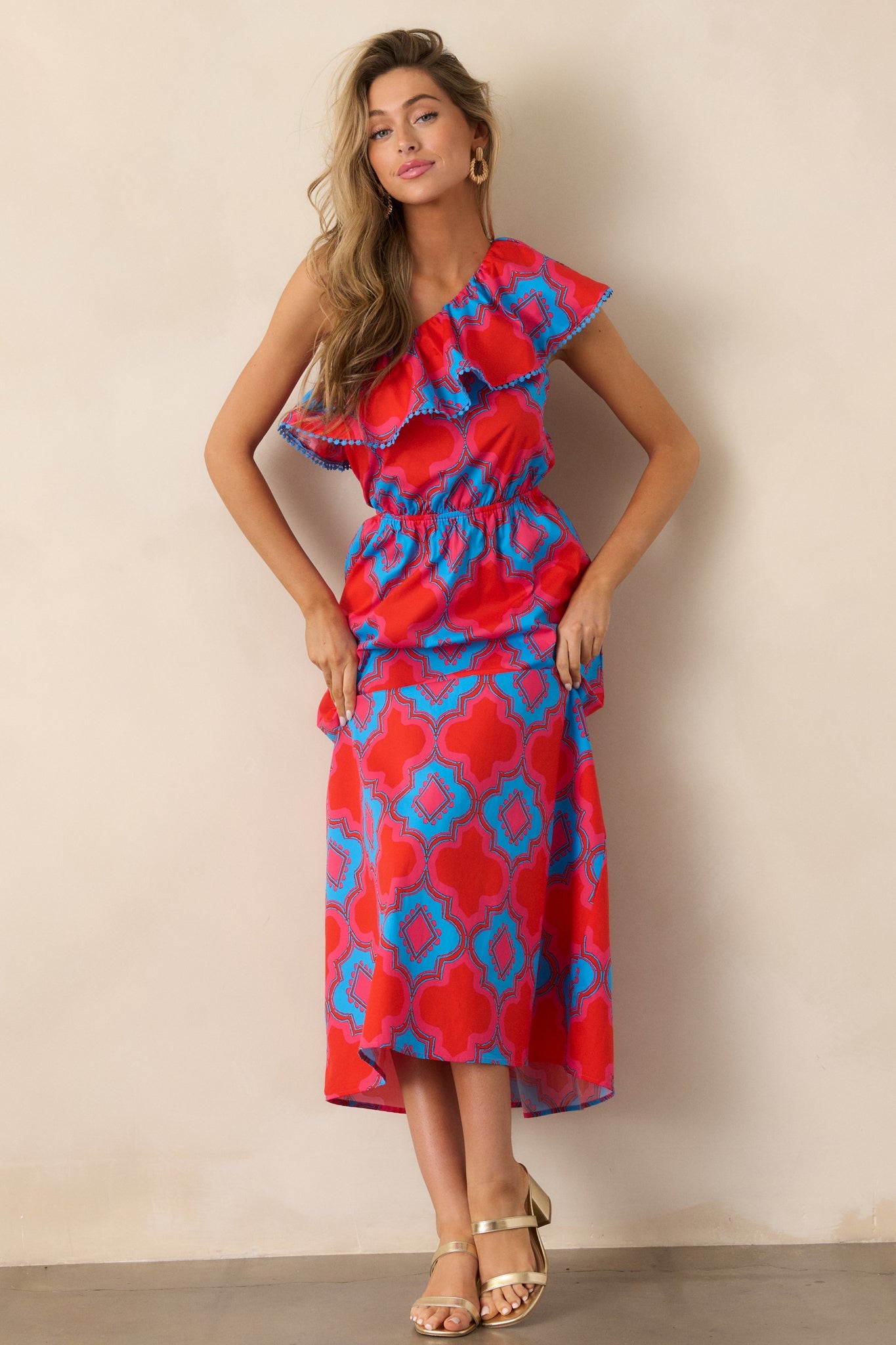 Packing My Bags 100% Cotton Red Multi Print One Shoulder Midi Dress