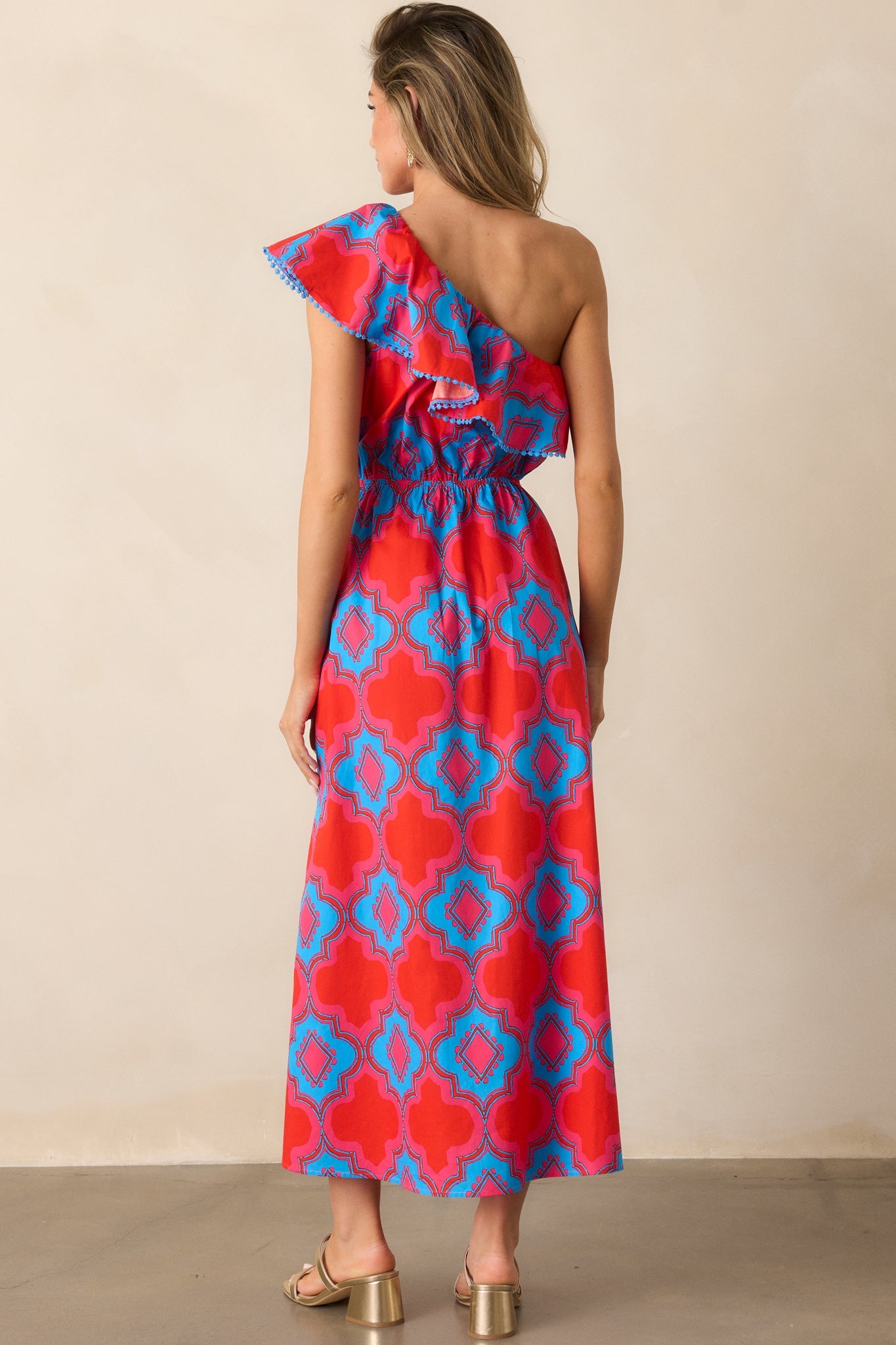 Packing My Bags 100% Cotton Red Multi Print One Shoulder Midi Dress