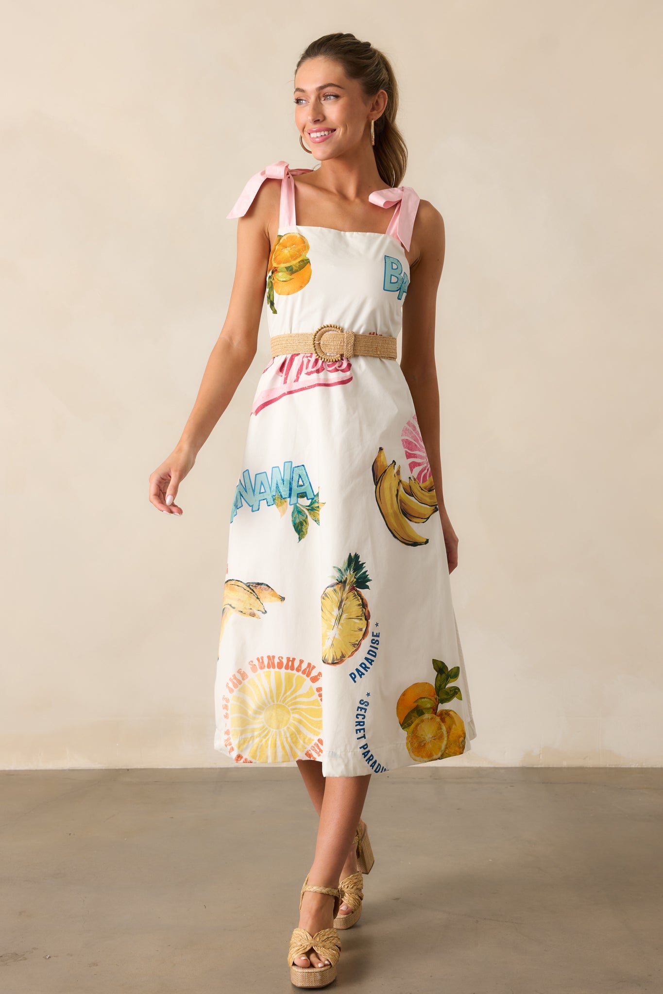 Take A Chance 100% Cotton Ivory Tropical Fruit Print Midi Dress
