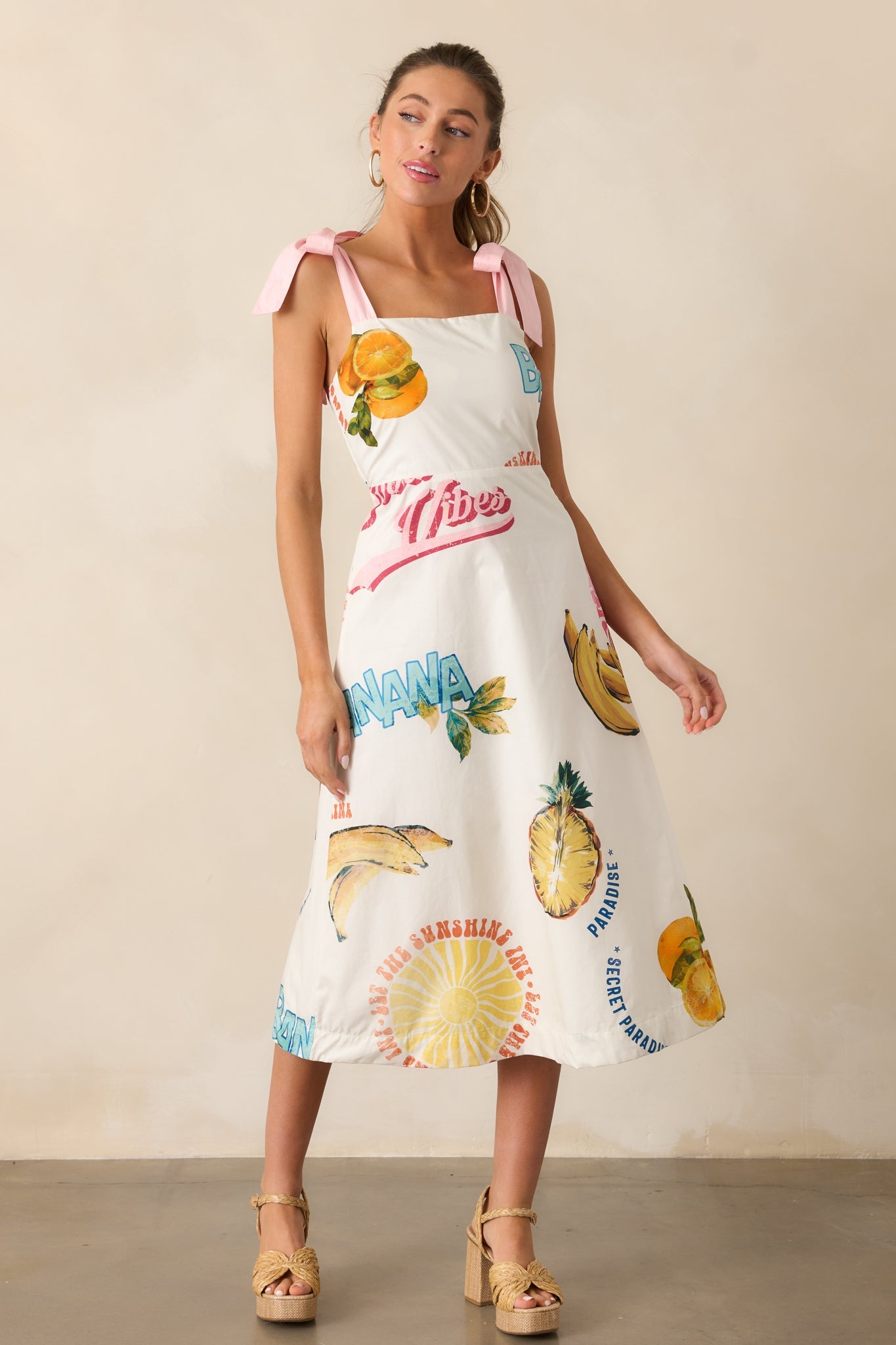 Take A Chance 100% Cotton Ivory Tropical Fruit Print Midi Dress