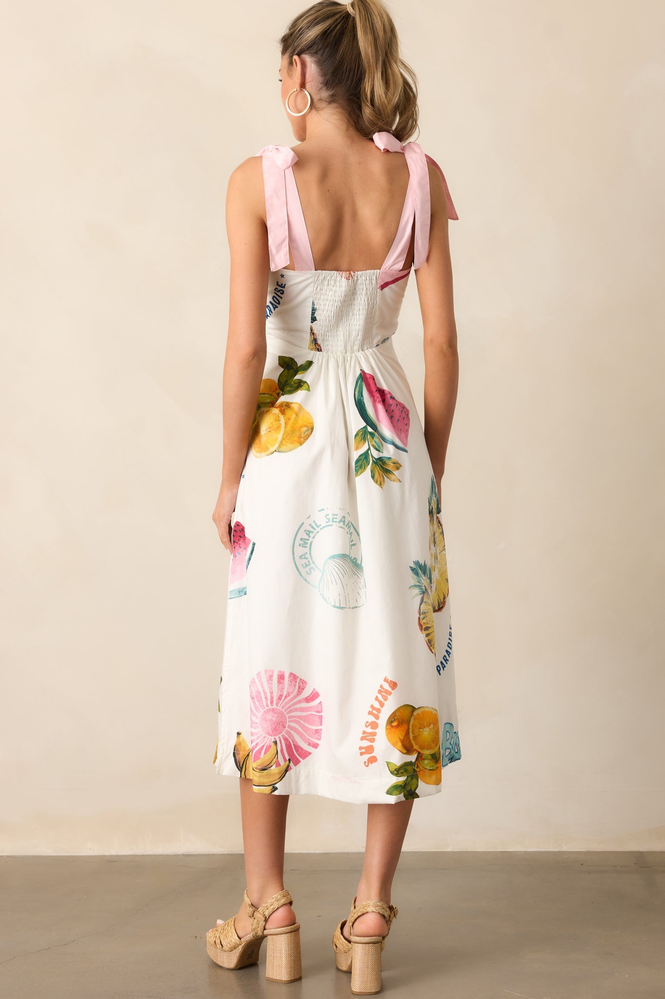 Take A Chance 100% Cotton Ivory Tropical Fruit Print Midi Dress