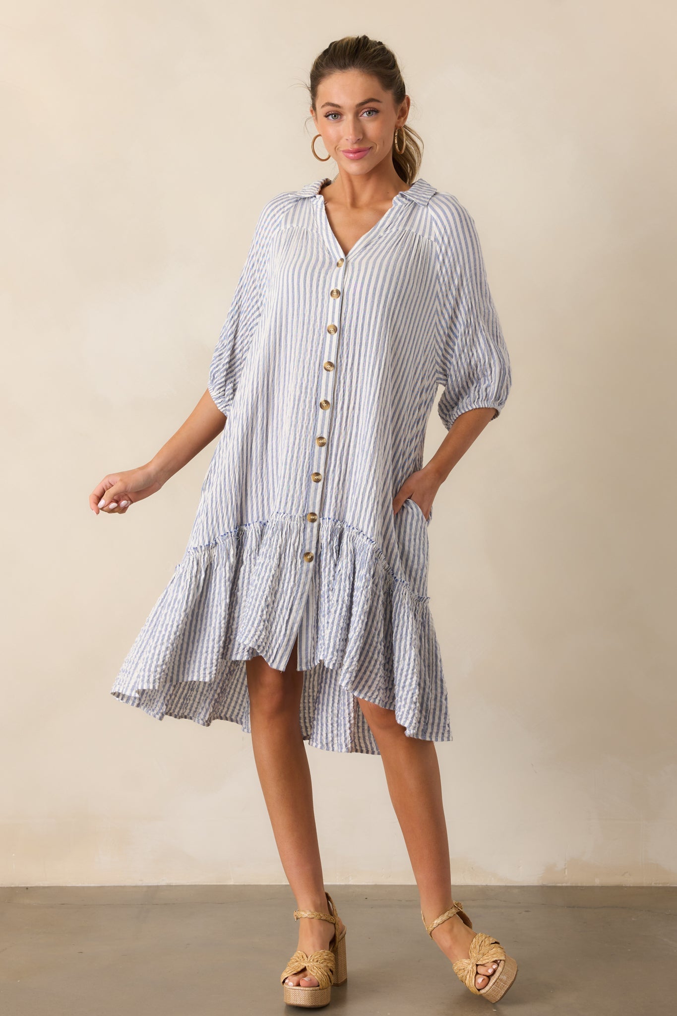 Into The Future Light Blue Stripe Button Front Mini Dress