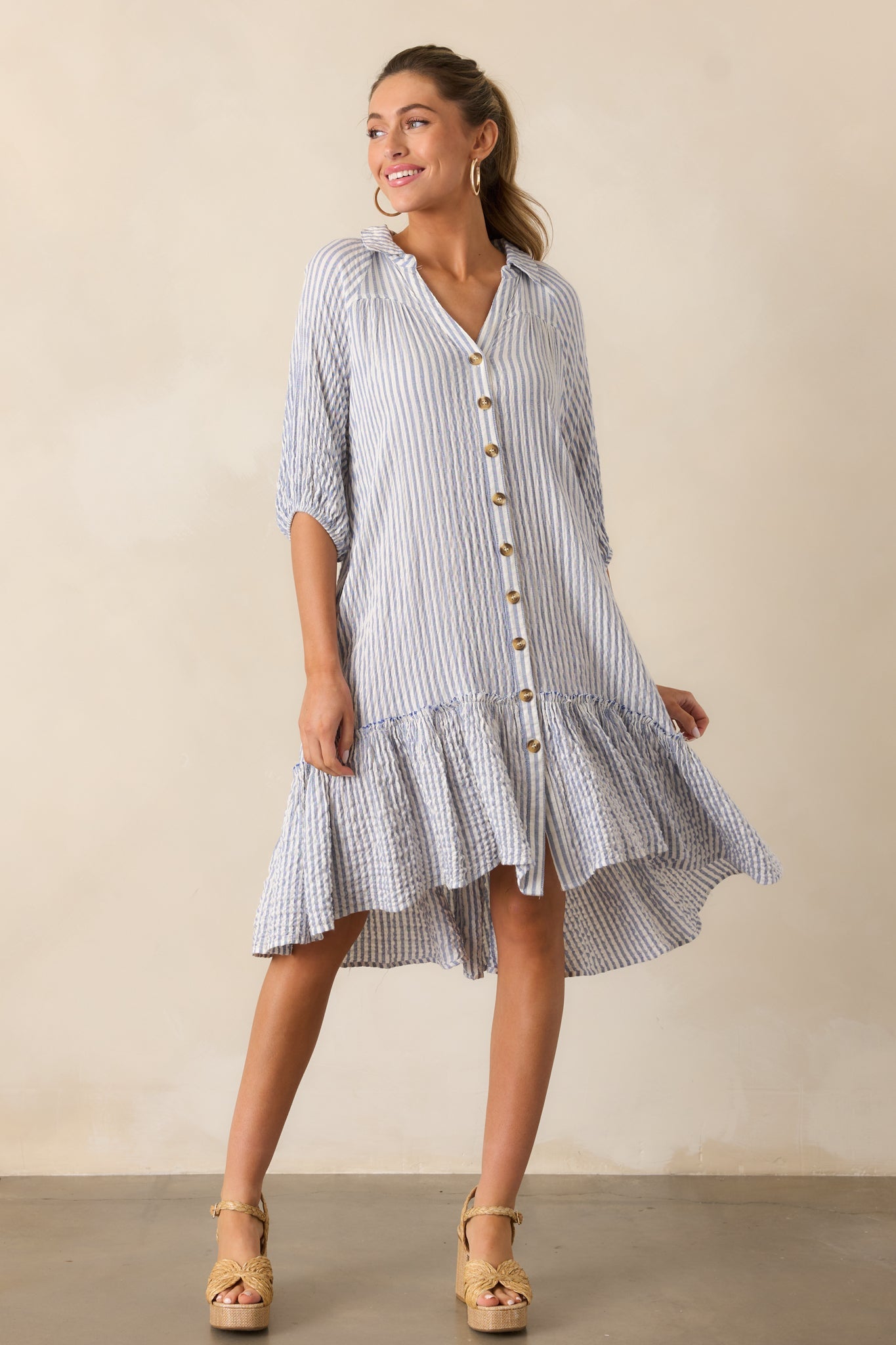 Into The Future Light Blue Stripe Button Front Mini Dress