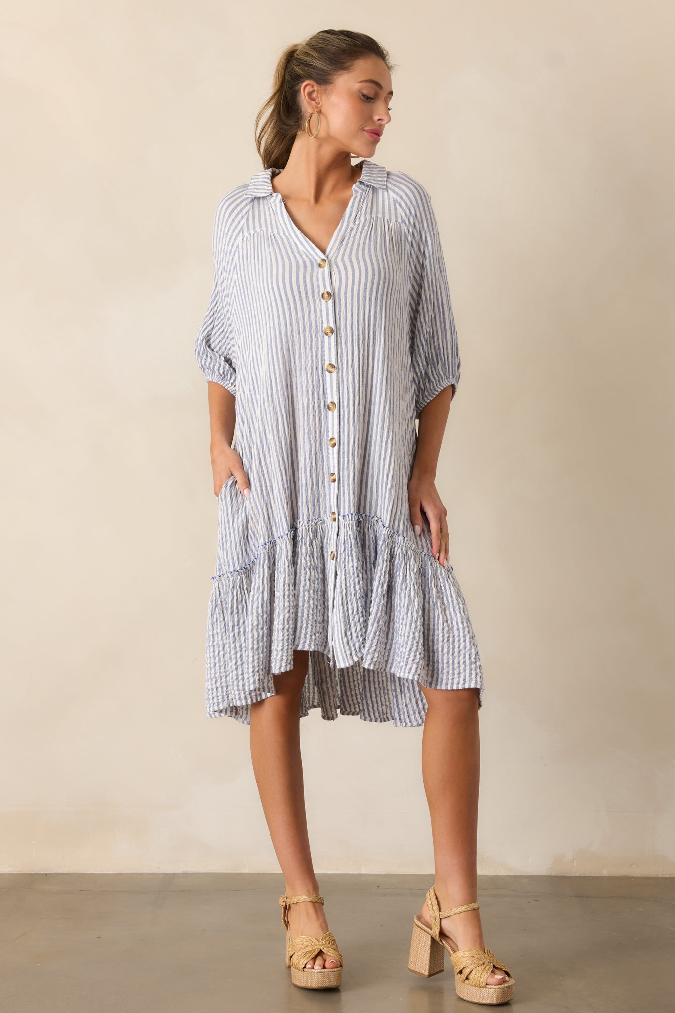 Into The Future Light Blue Stripe Button Front Mini Dress
