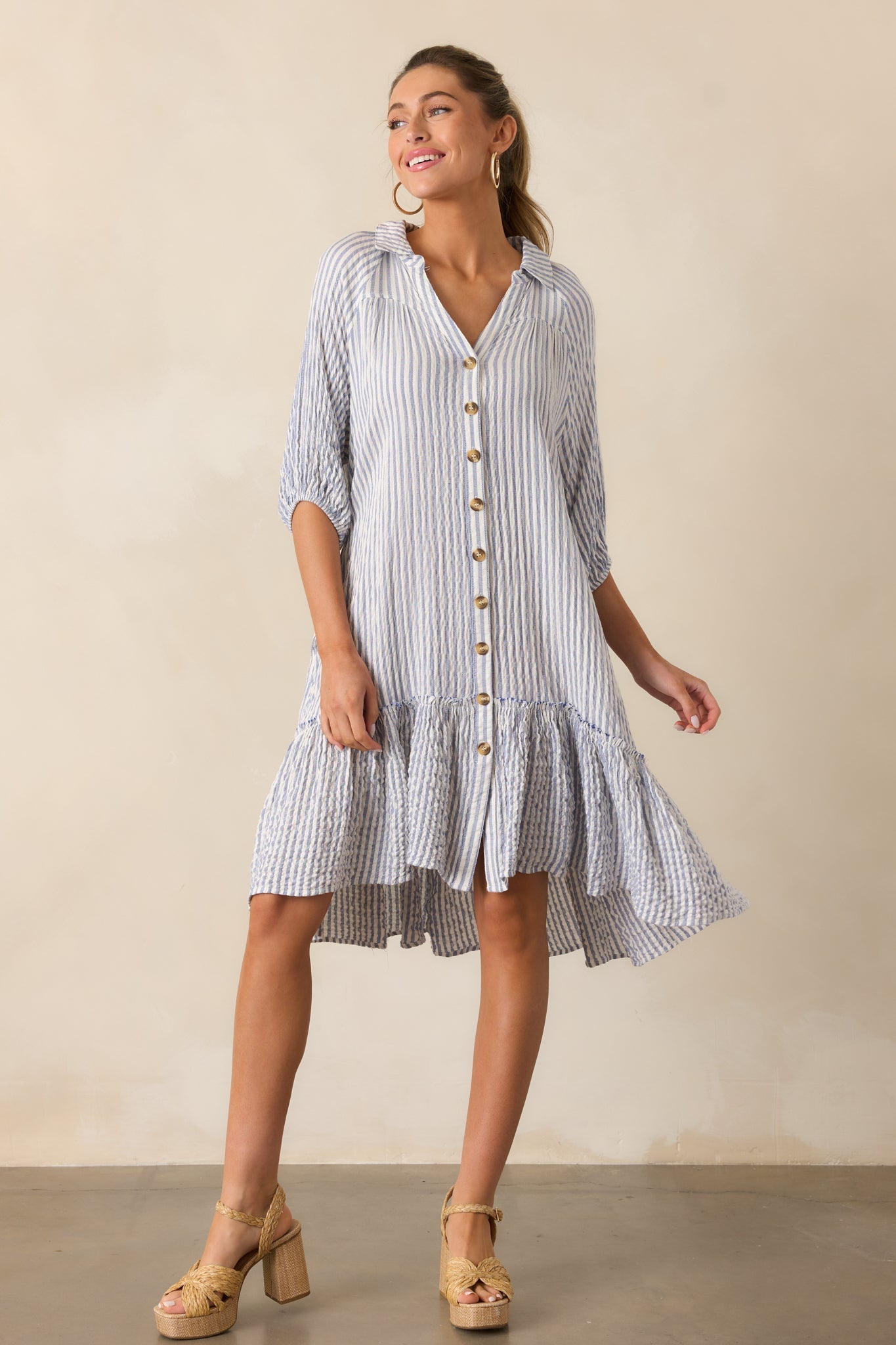 Into The Future Light Blue Stripe Button Front Mini Dress