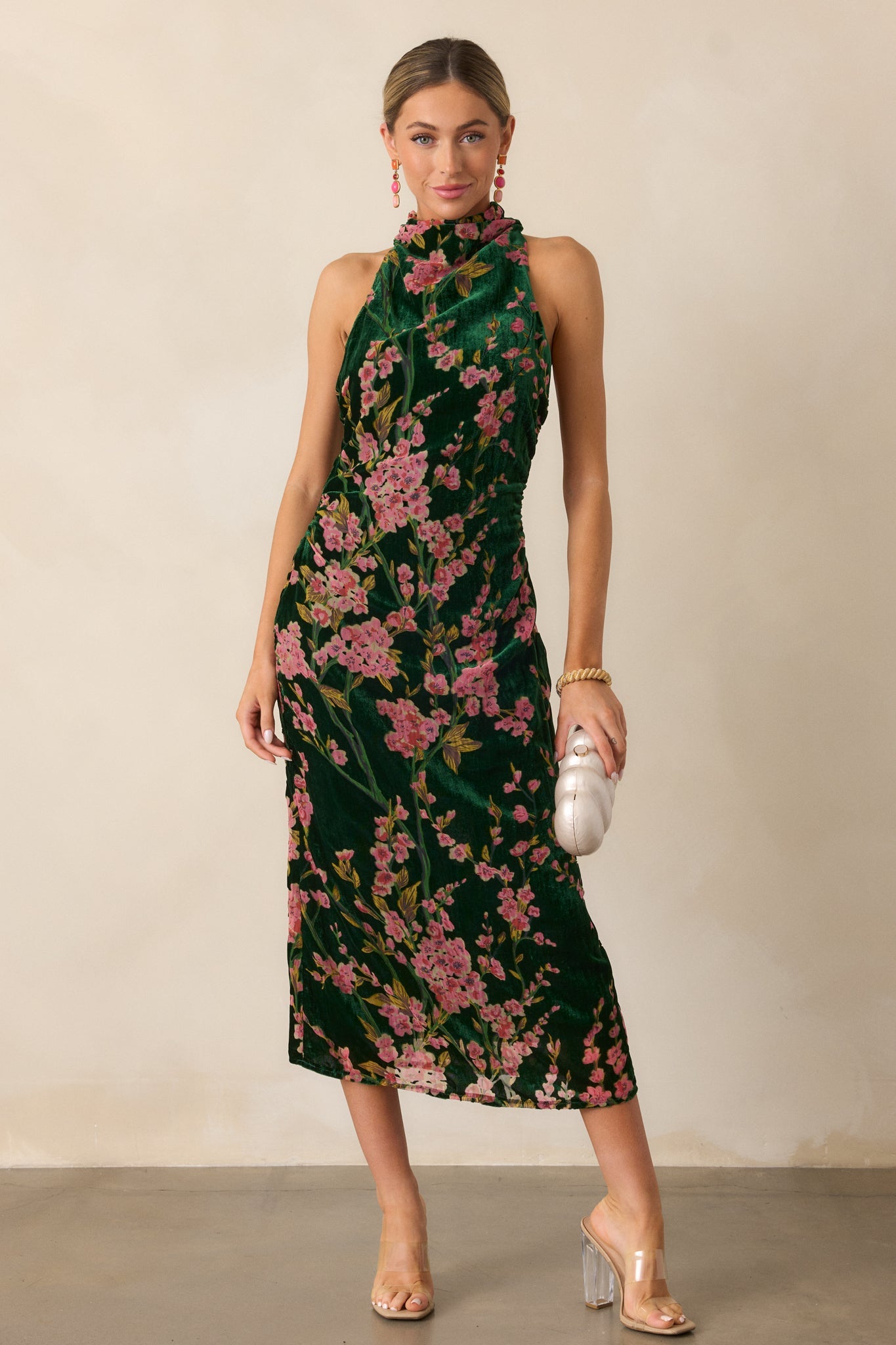Never Better Emerald Green Floral Halter Maxi Dress