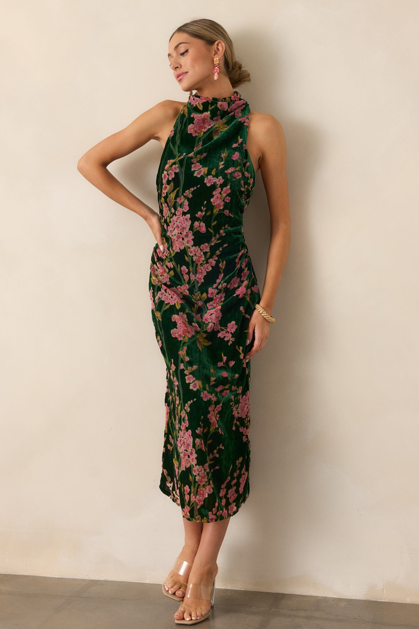 Never Better Emerald Green Floral Halter Maxi Dress