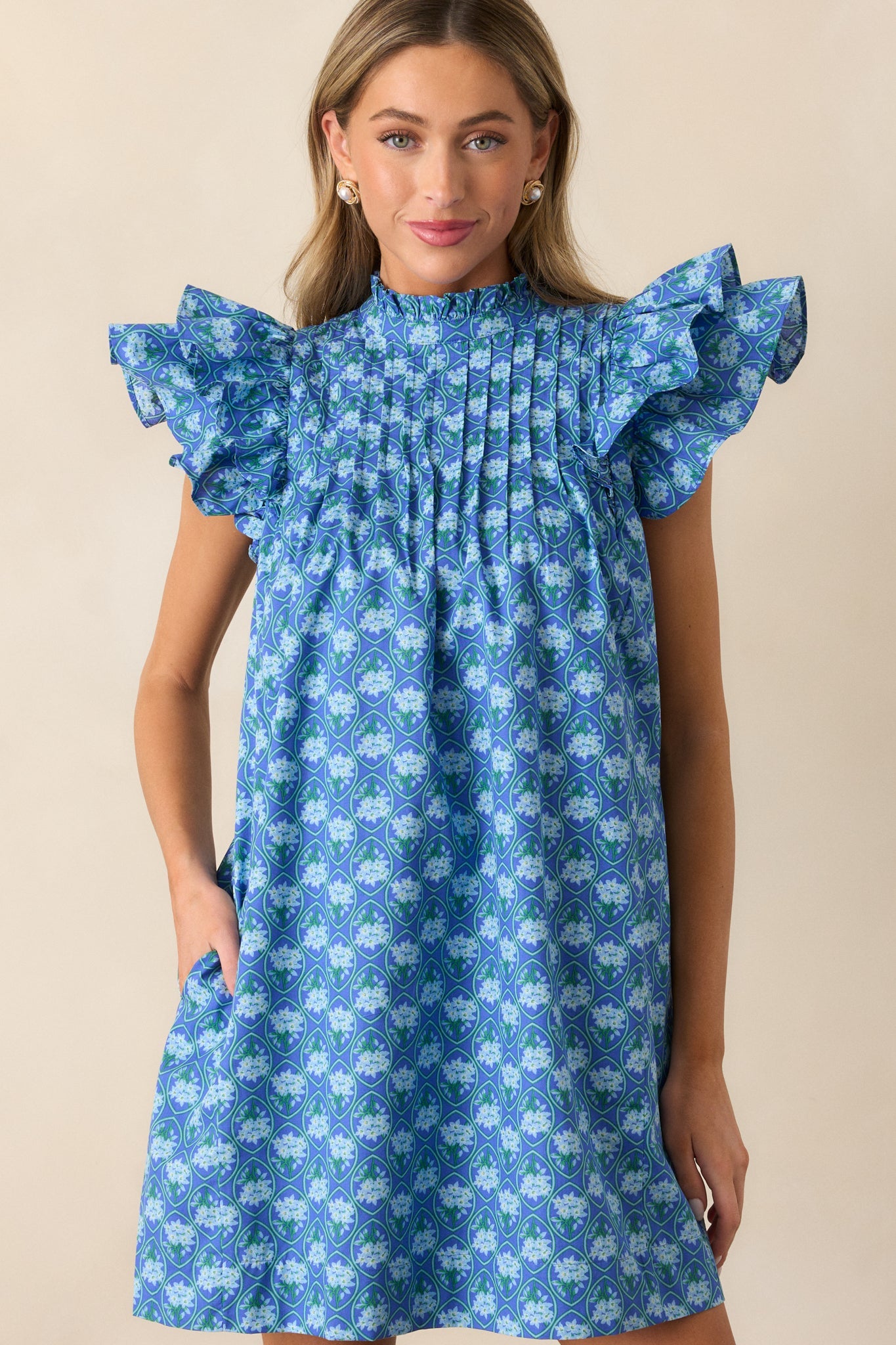 Daisy Drift 100% Cotton Navy Floral Flutter Sleeve Mini Dress