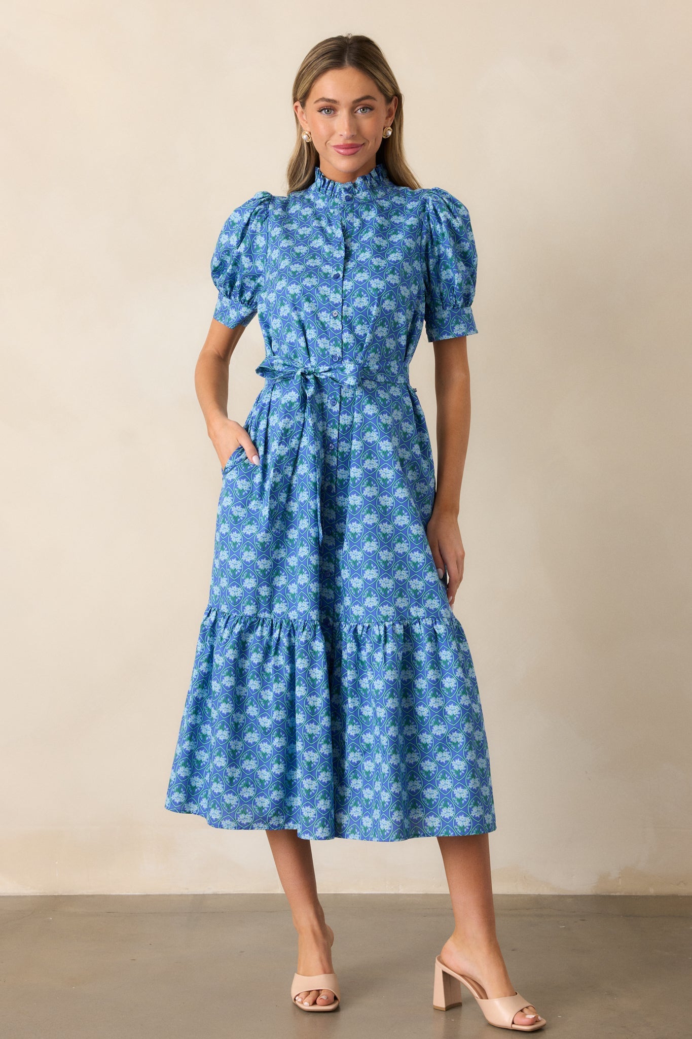Orchid Waters 100% Cotton Blue Floral Button Front Midi Dress
