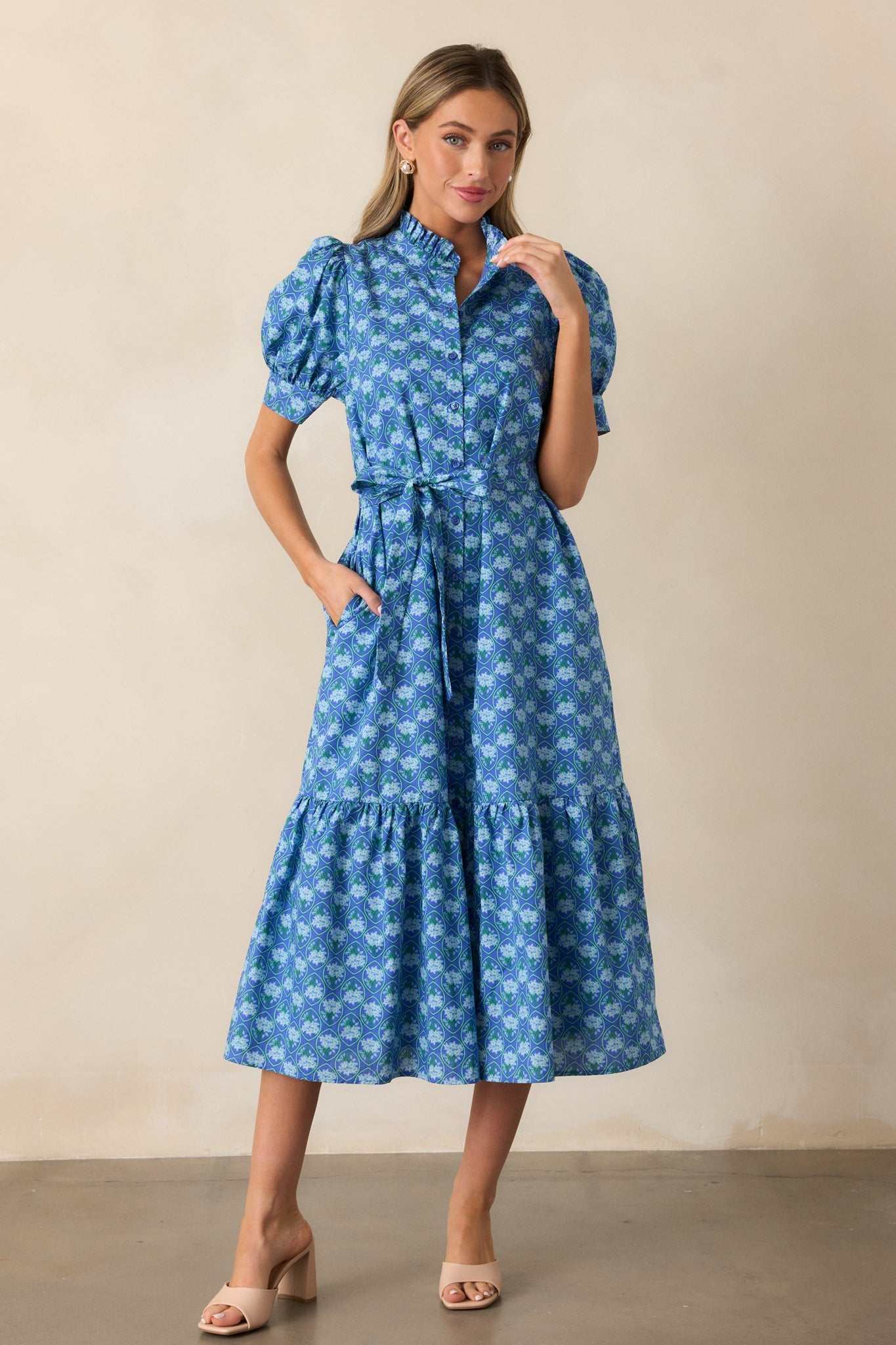 Orchid Waters 100% Cotton Blue Floral Button Front Midi Dress