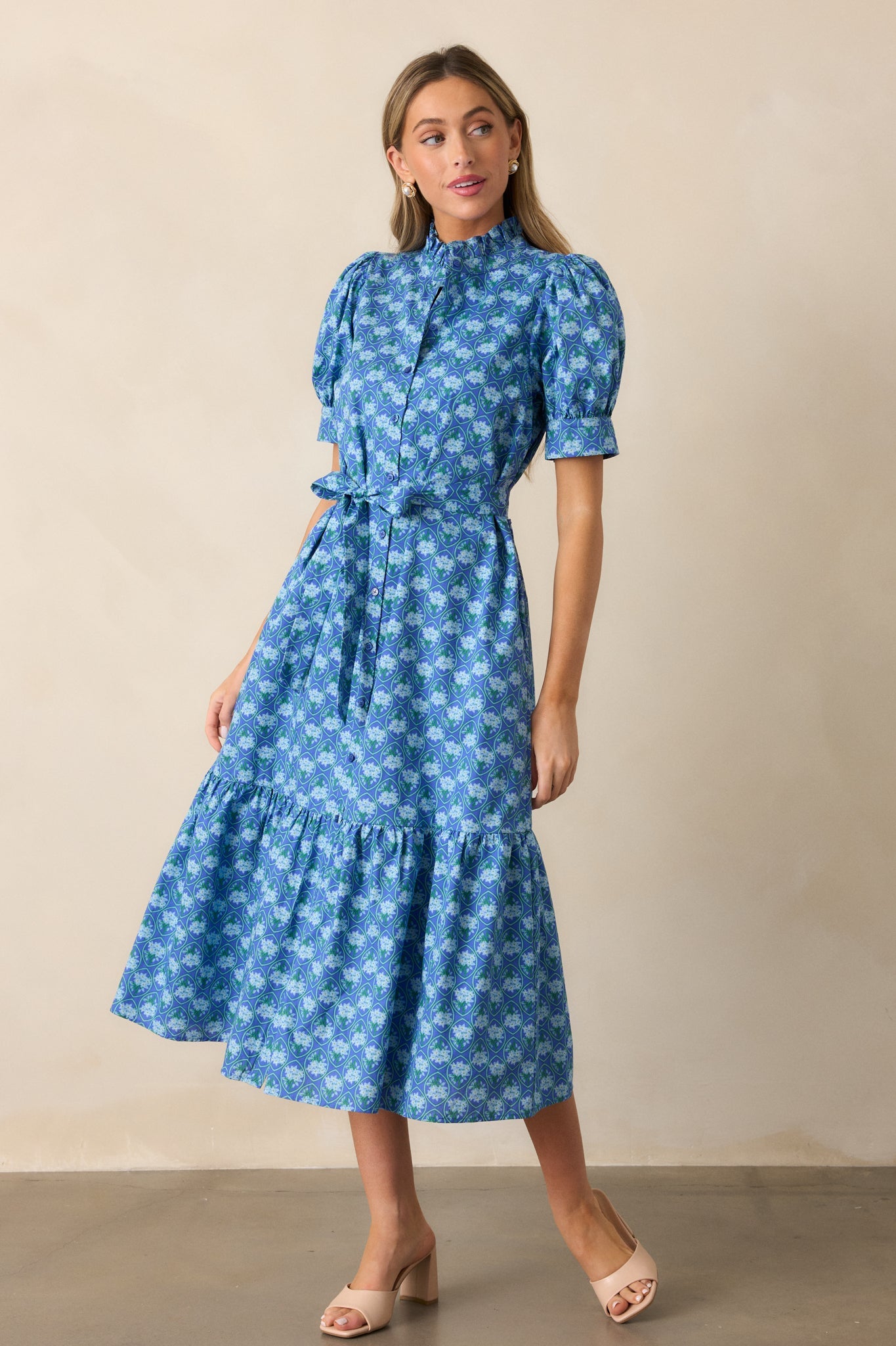 Orchid Waters 100% Cotton Blue Floral Button Front Midi Dress