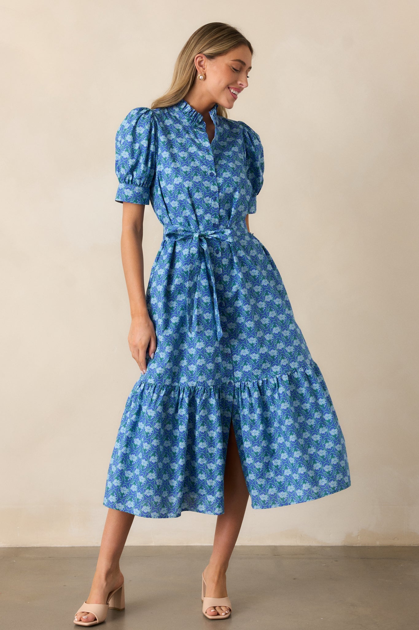 Orchid Waters 100% Cotton Blue Floral Button Front Midi Dress