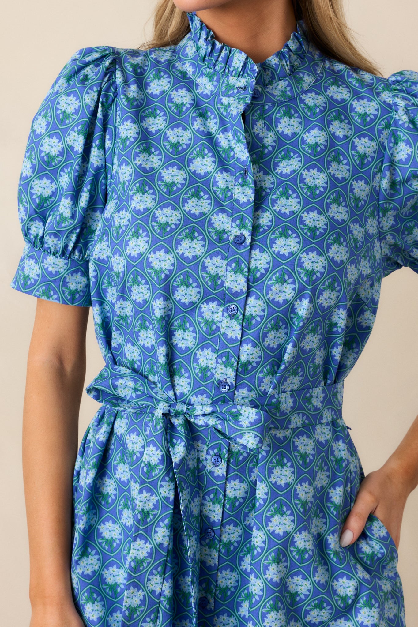 Orchid Waters 100% Cotton Blue Floral Button Front Midi Dress