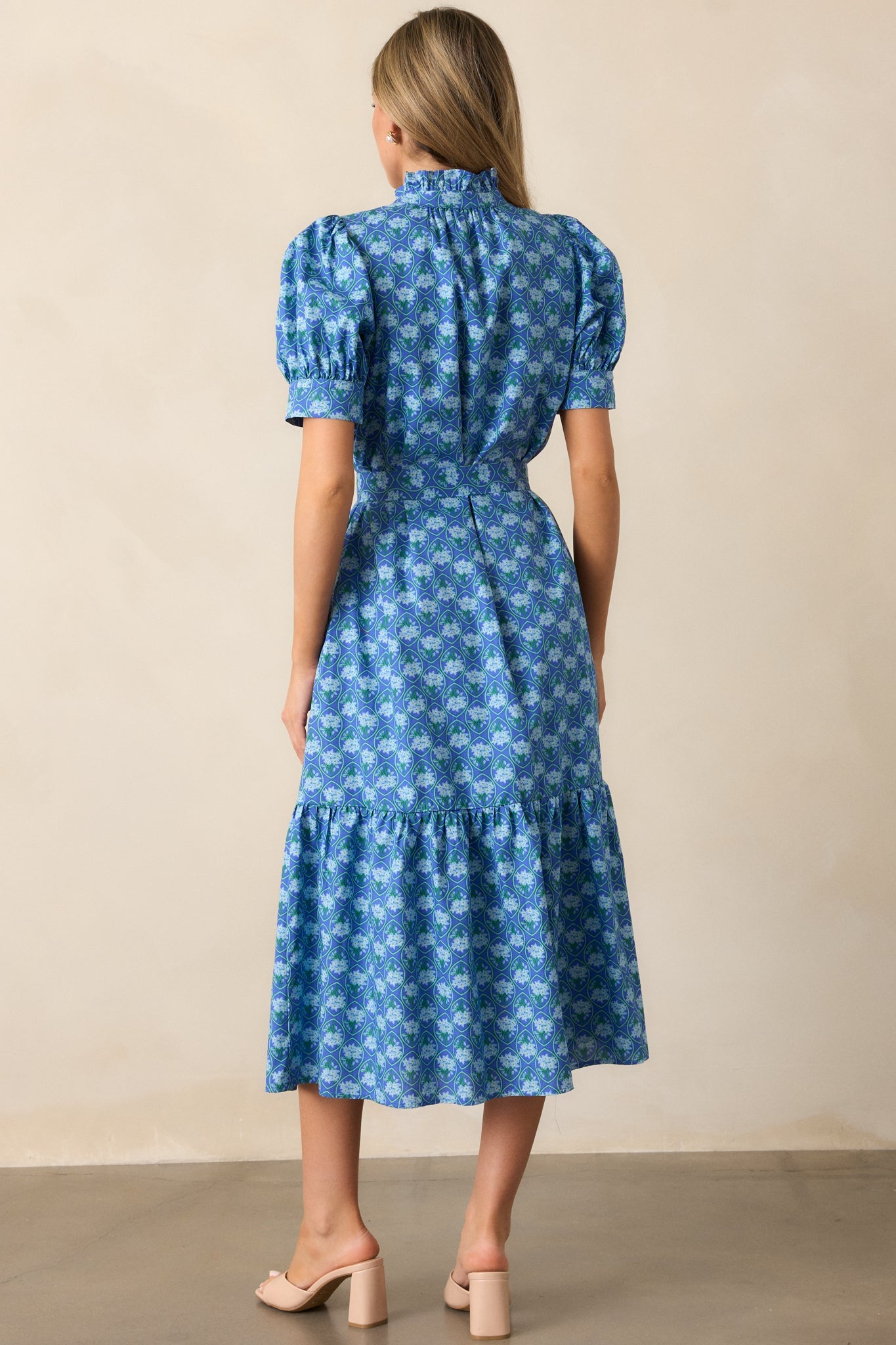 Orchid Waters 100% Cotton Blue Floral Button Front Midi Dress
