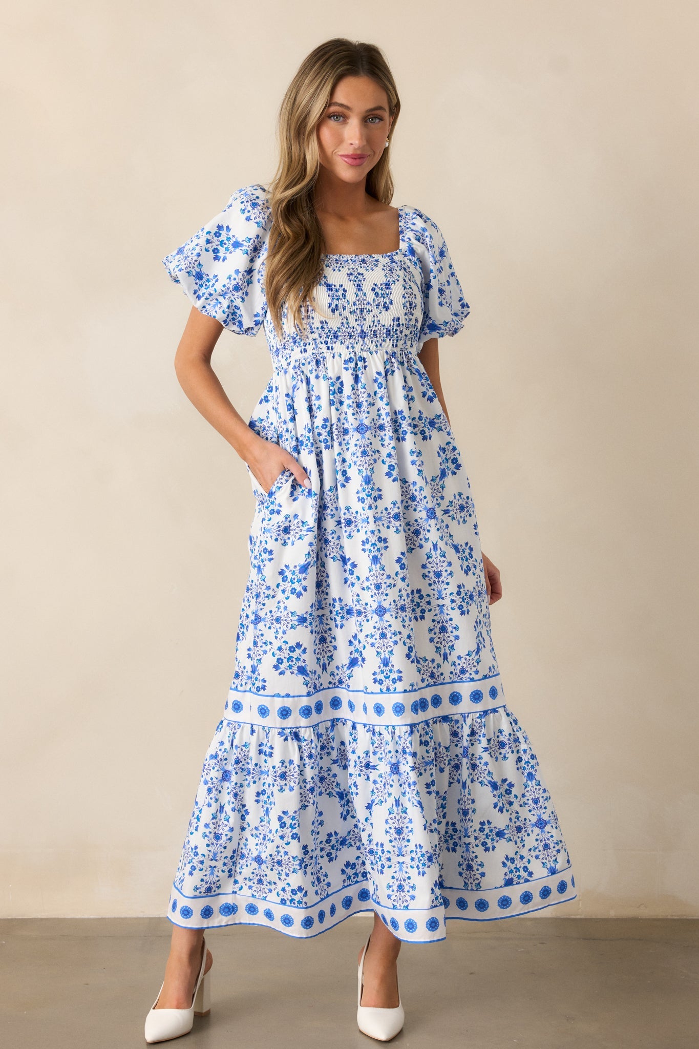 Rosewater Skies 100% Cotton Royal Blue Floral Maxi Dress