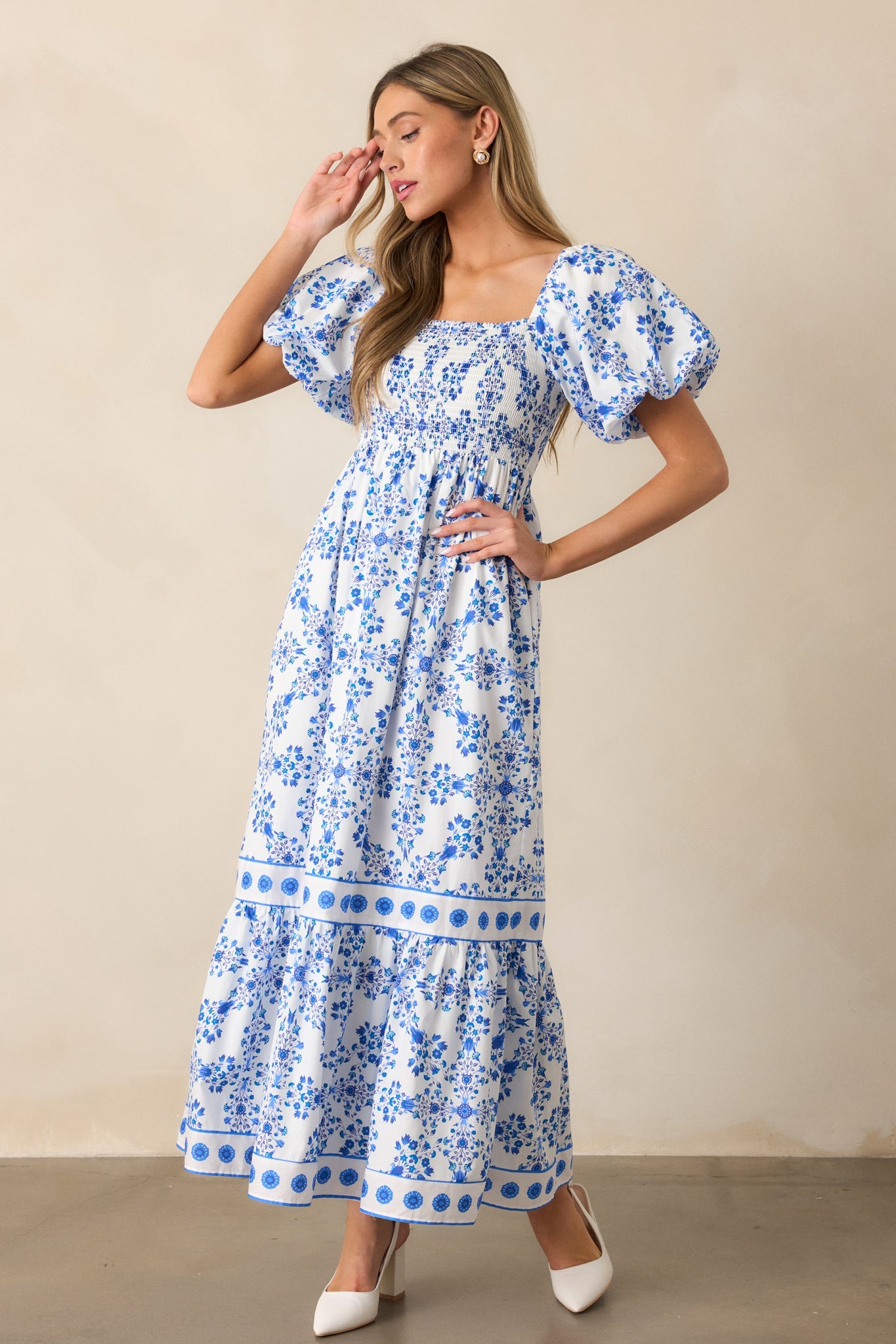 Rosewater Skies 100% Cotton Royal Blue Floral Maxi Dress