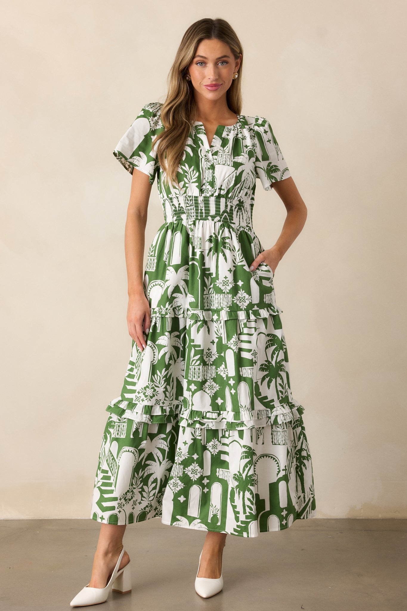 Island Glow 100% Cotton Green Tropical Palm Print Maxi Dress