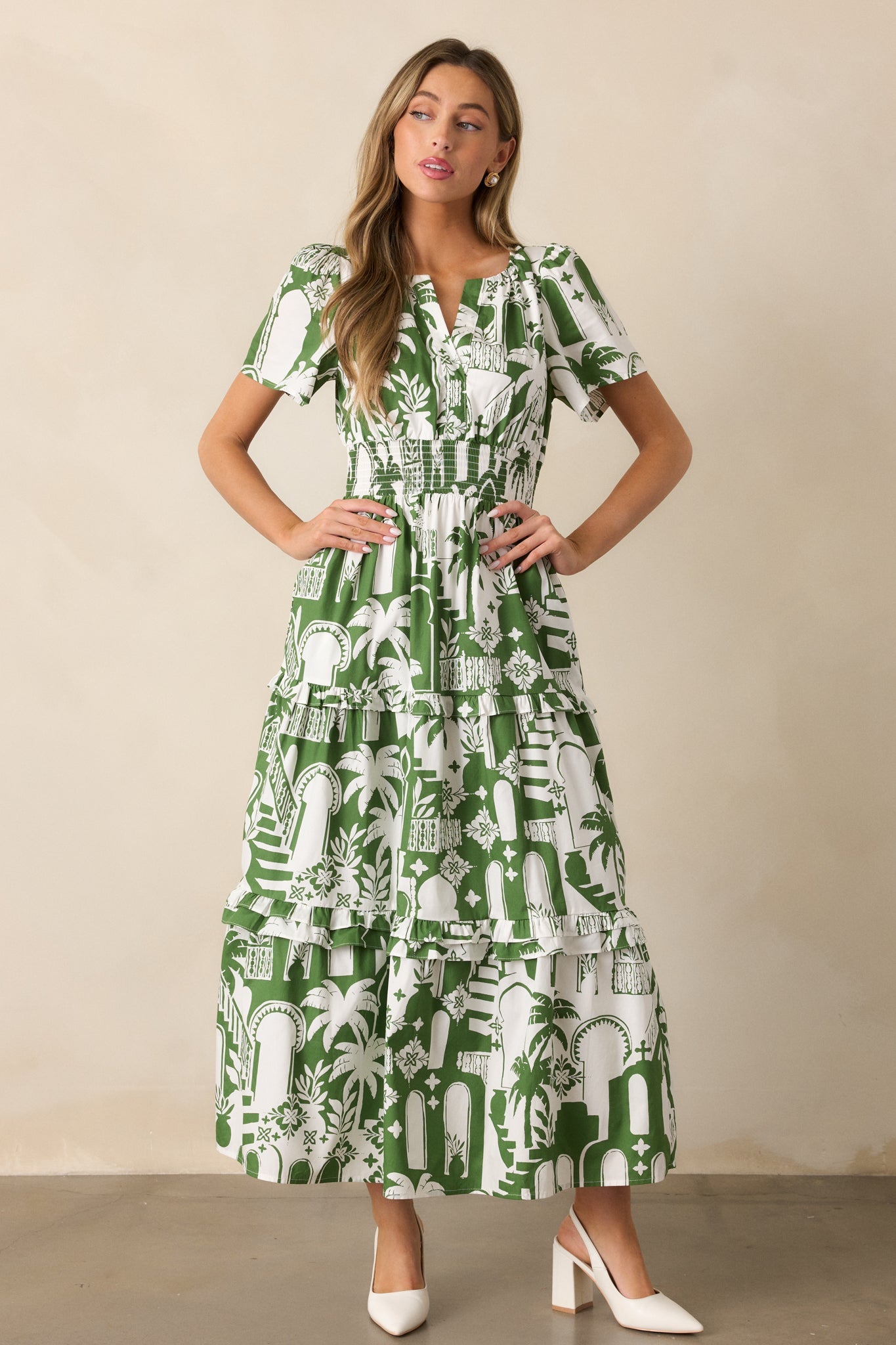 Island Glow 100% Cotton Green Tropical Palm Print Maxi Dress