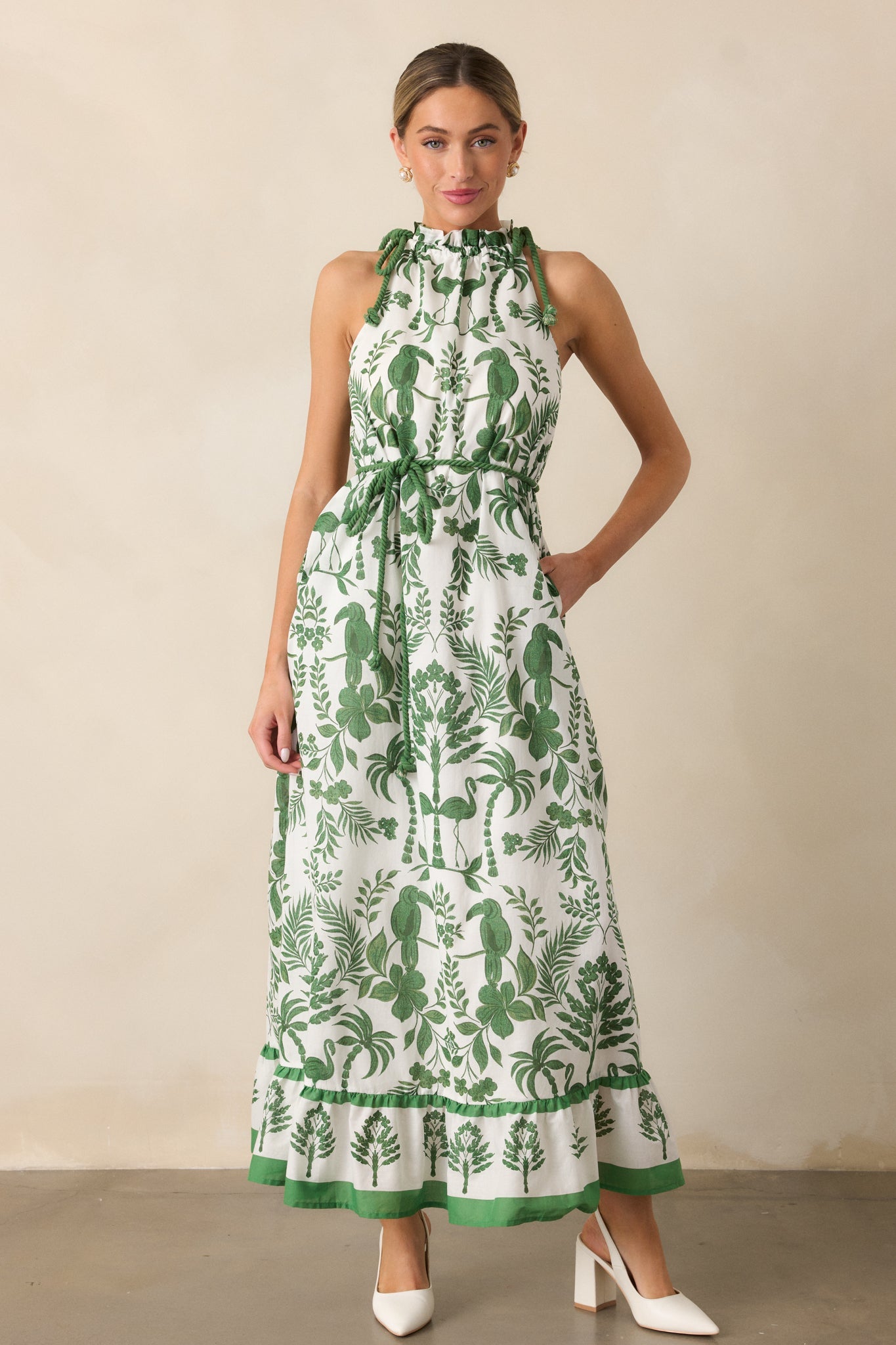 Breeze Through Paradise 100% Cotton Green Tropical Print Maxi Dress