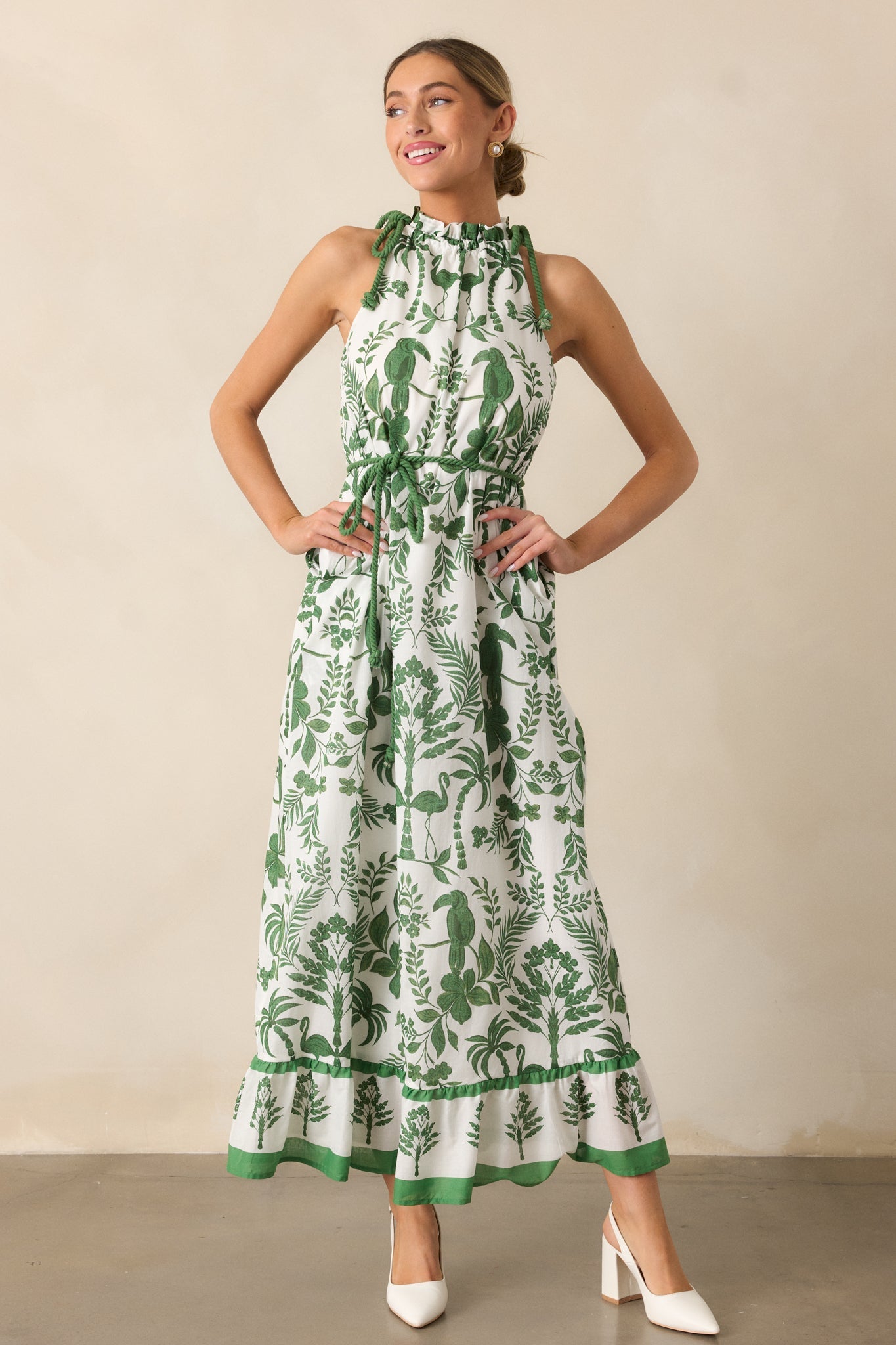 Breeze Through Paradise 100% Cotton Green Tropical Print Maxi Dress