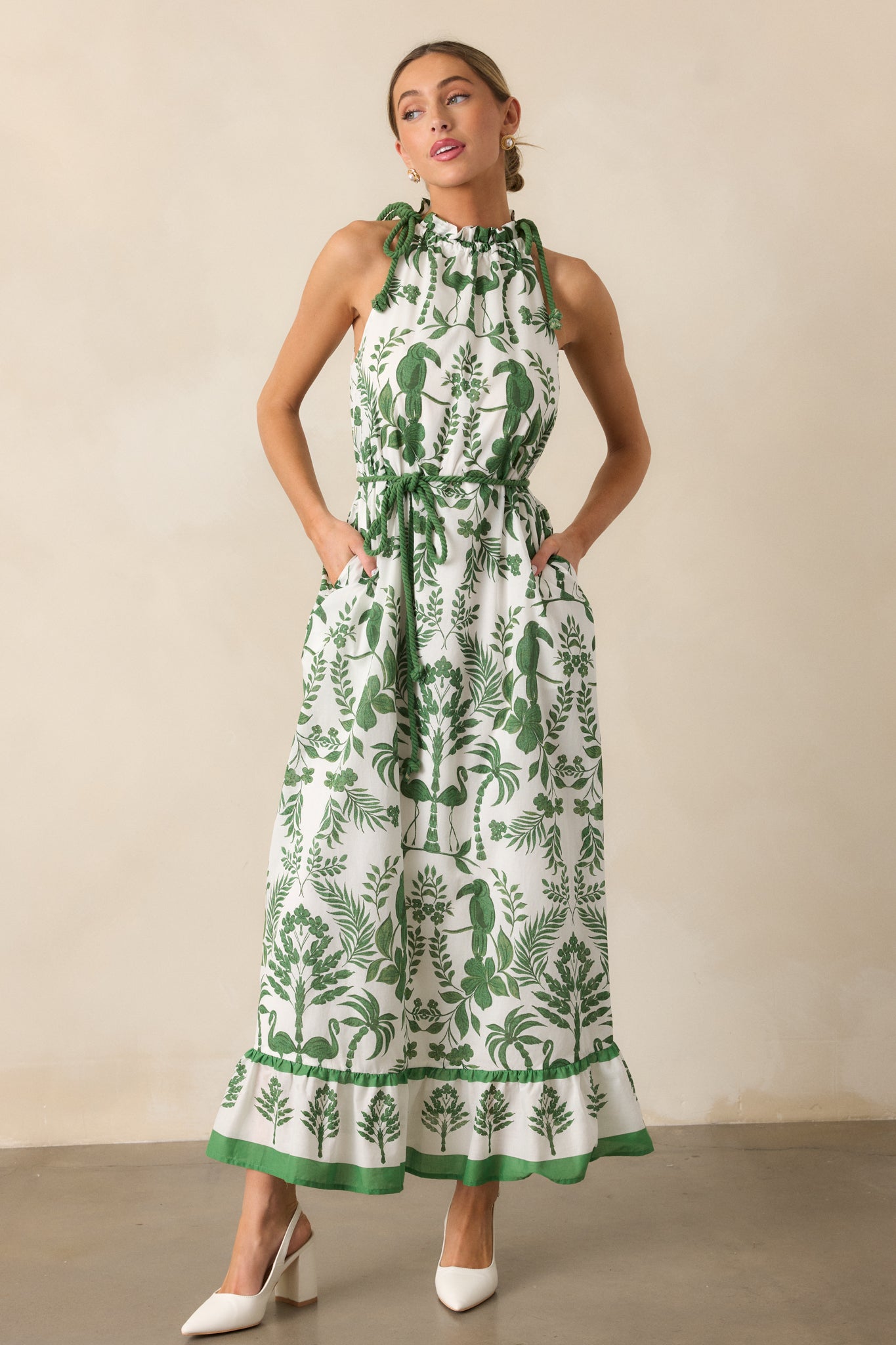 Breeze Through Paradise 100% Cotton Green Tropical Print Maxi Dress