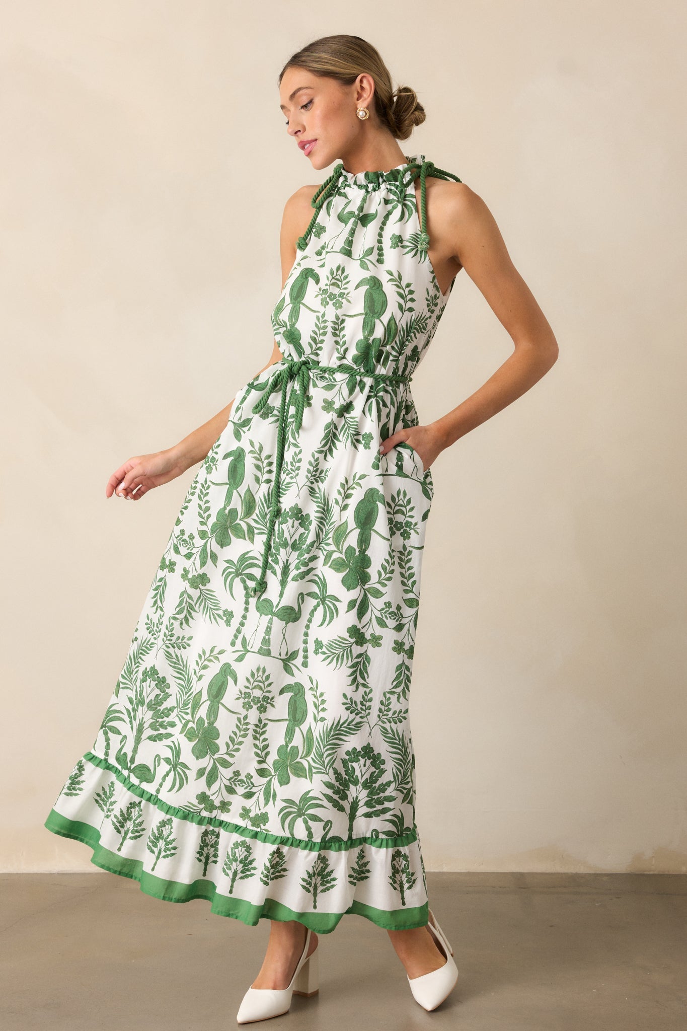 Breeze Through Paradise 100% Cotton Green Tropical Print Maxi Dress