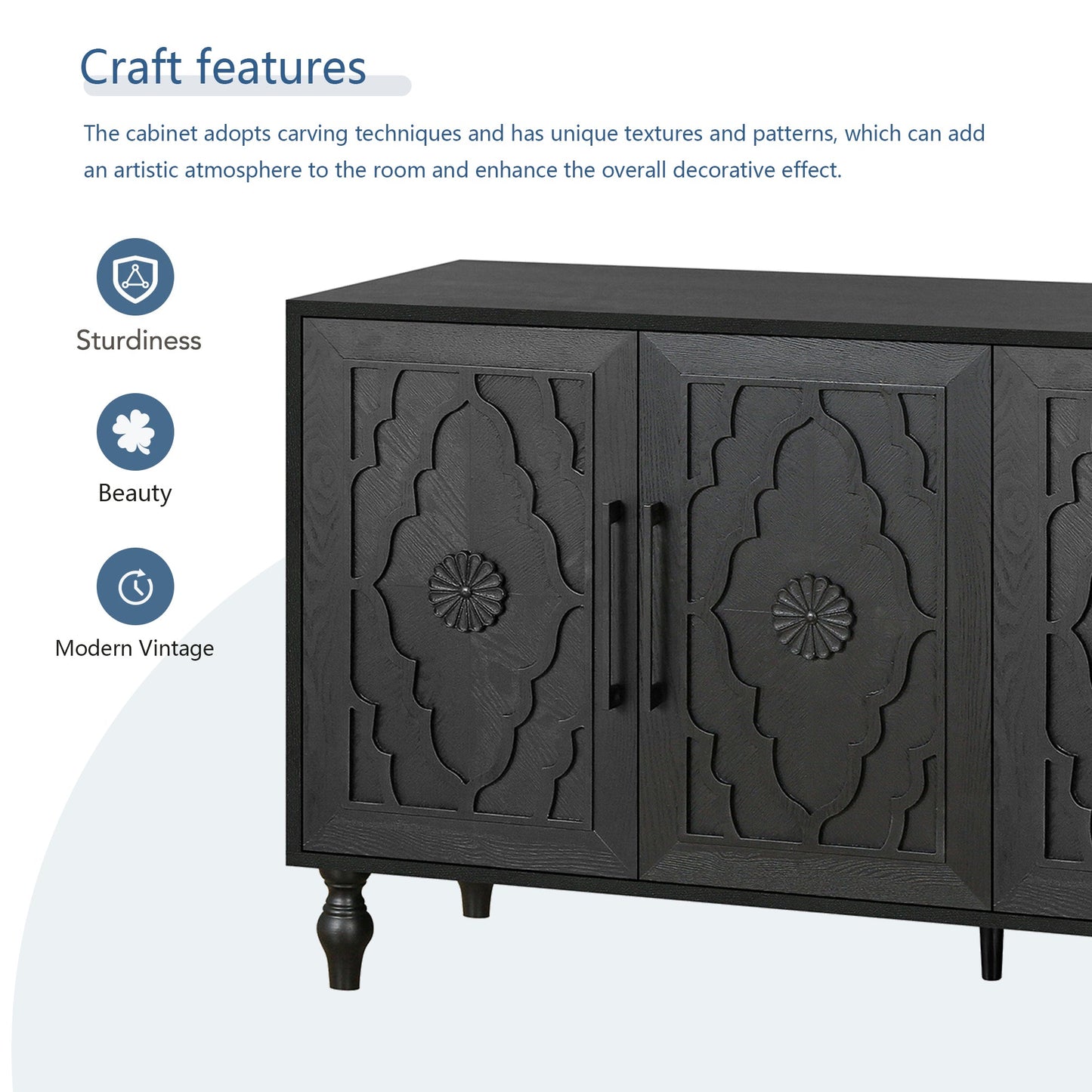 Bespokee Carved Flower Door Large Storage Cabinet With Metal Handle