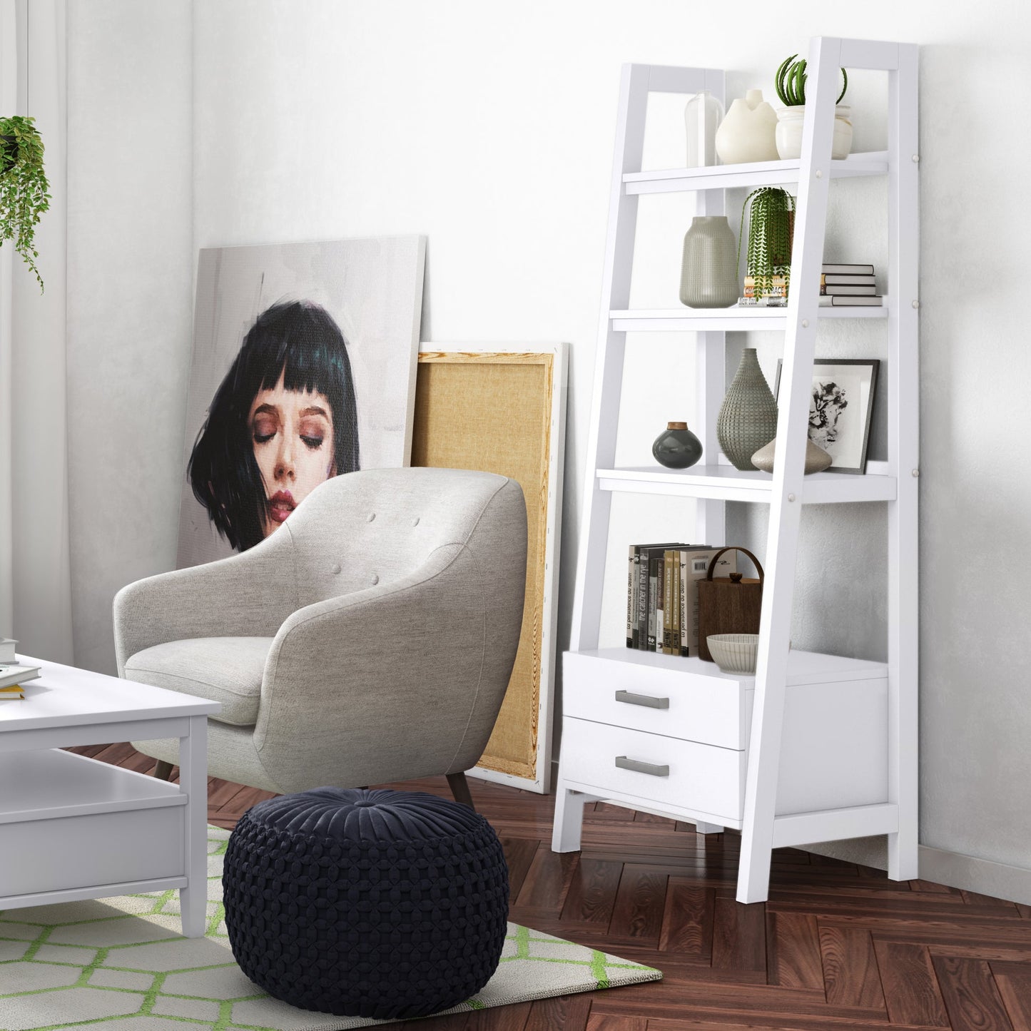 Daze Solid Wood Ladder Shelf with 4 Shelves and 2 Drawers