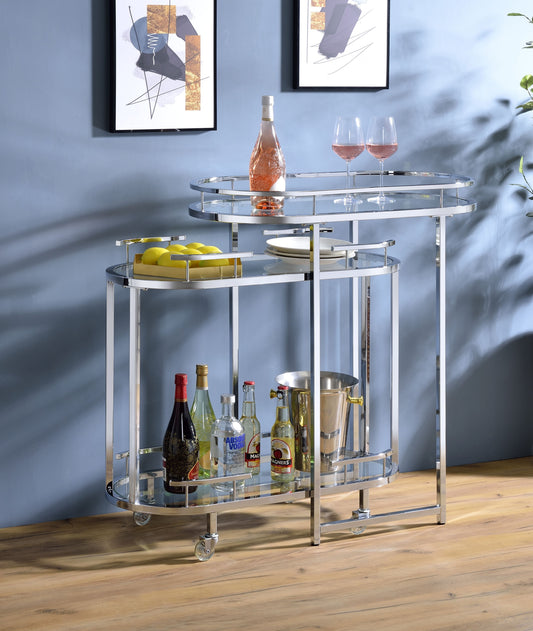 Serving Cart and Bar Table with Chrome Frame and Glass Shelves
