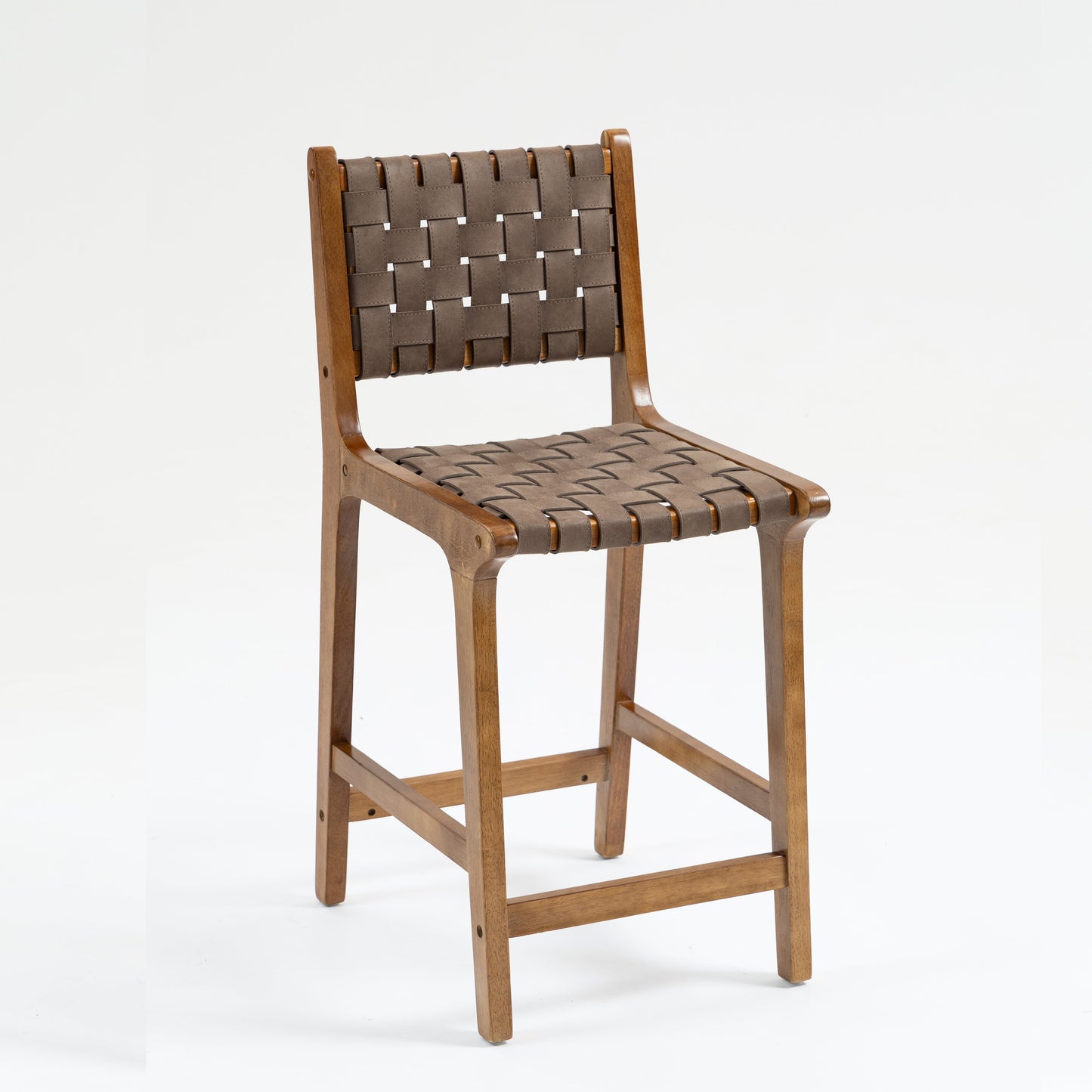 Counter Stool with Leather Woven and Wood Frame, Set of 2
