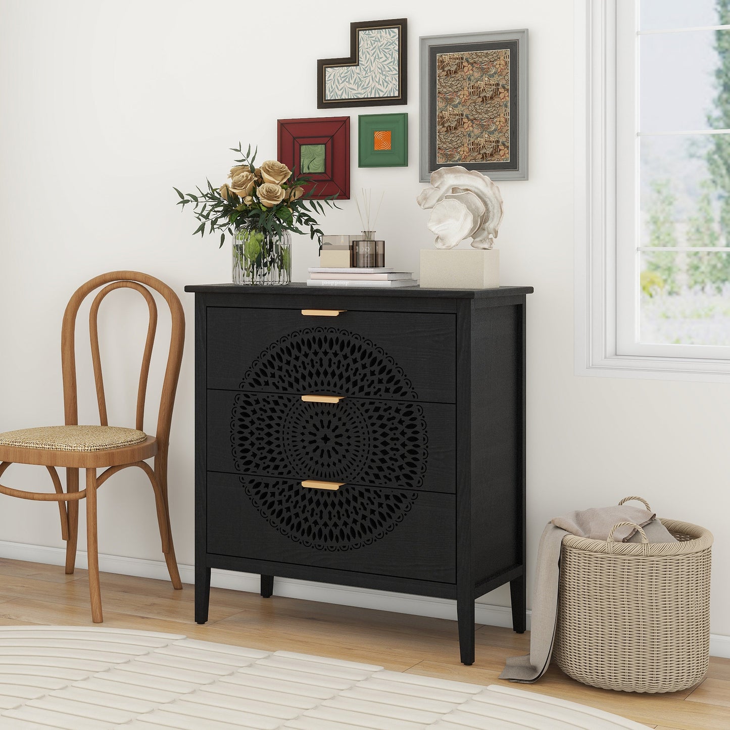 Abundanz 3-Drawer Dresser with Hollow Pattern and Metal Handle