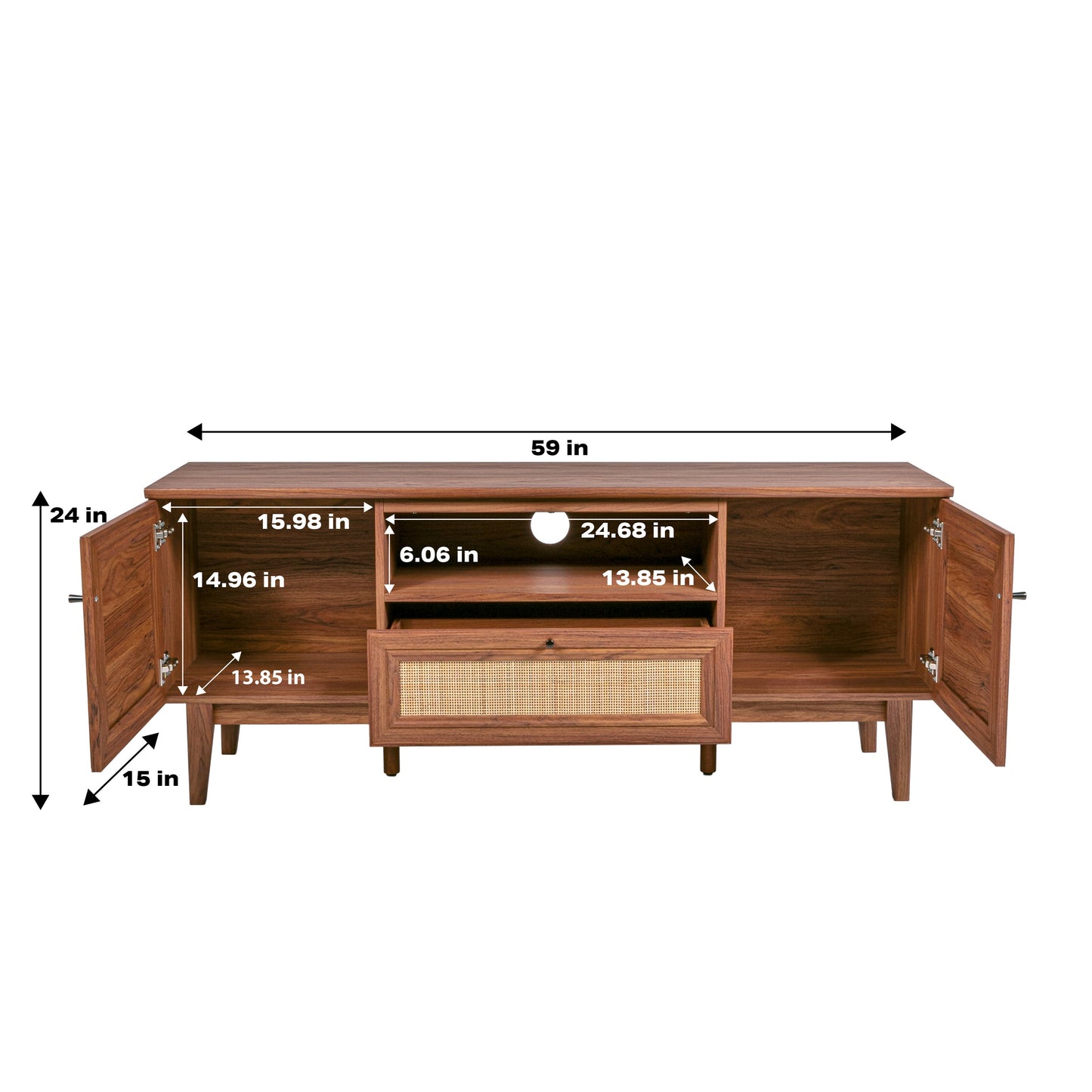 Caned TV Stand, Drawer, Storage Doors Fits TVs up to 65", Cable Management