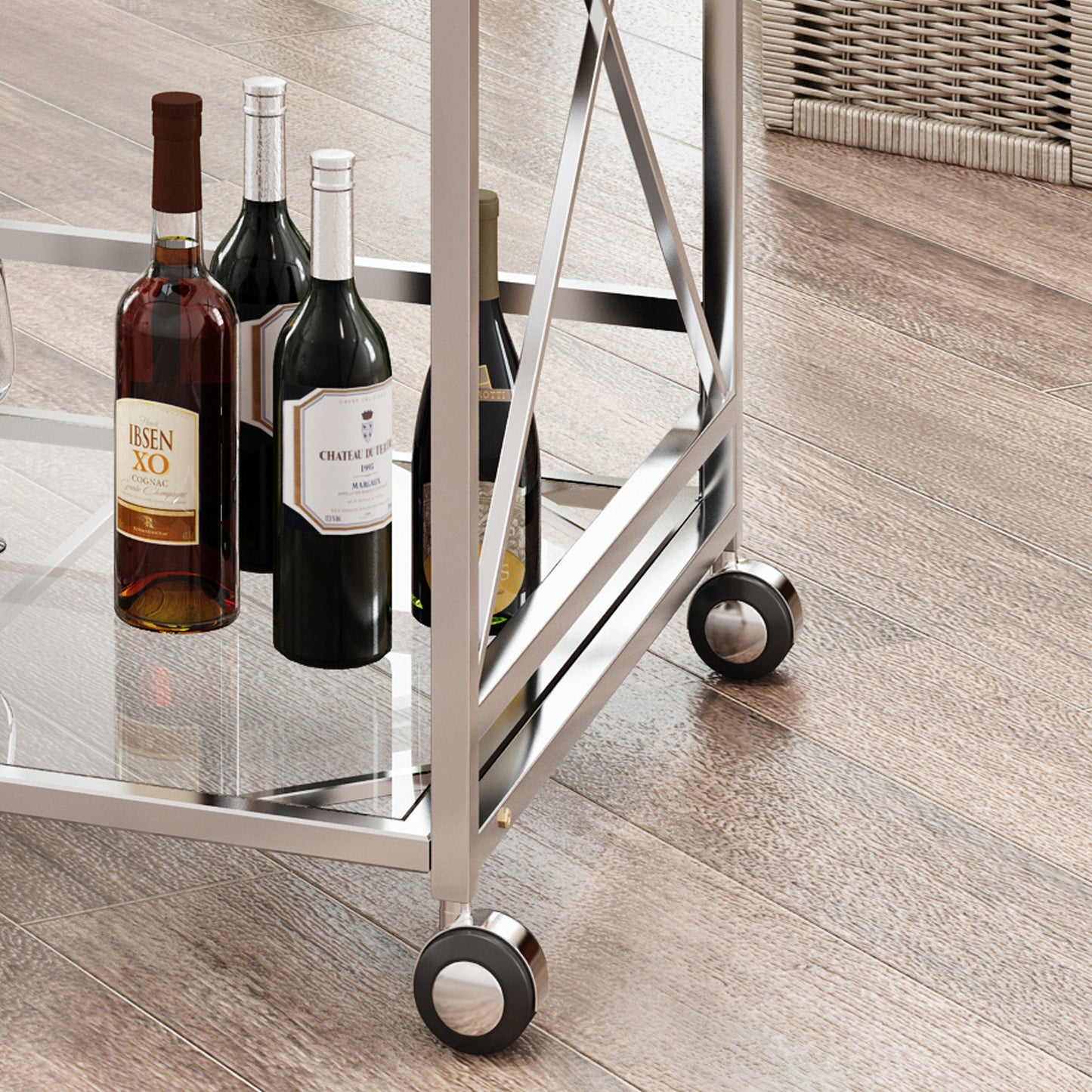 Bar Cart with Glass Shelves and Metal Frame