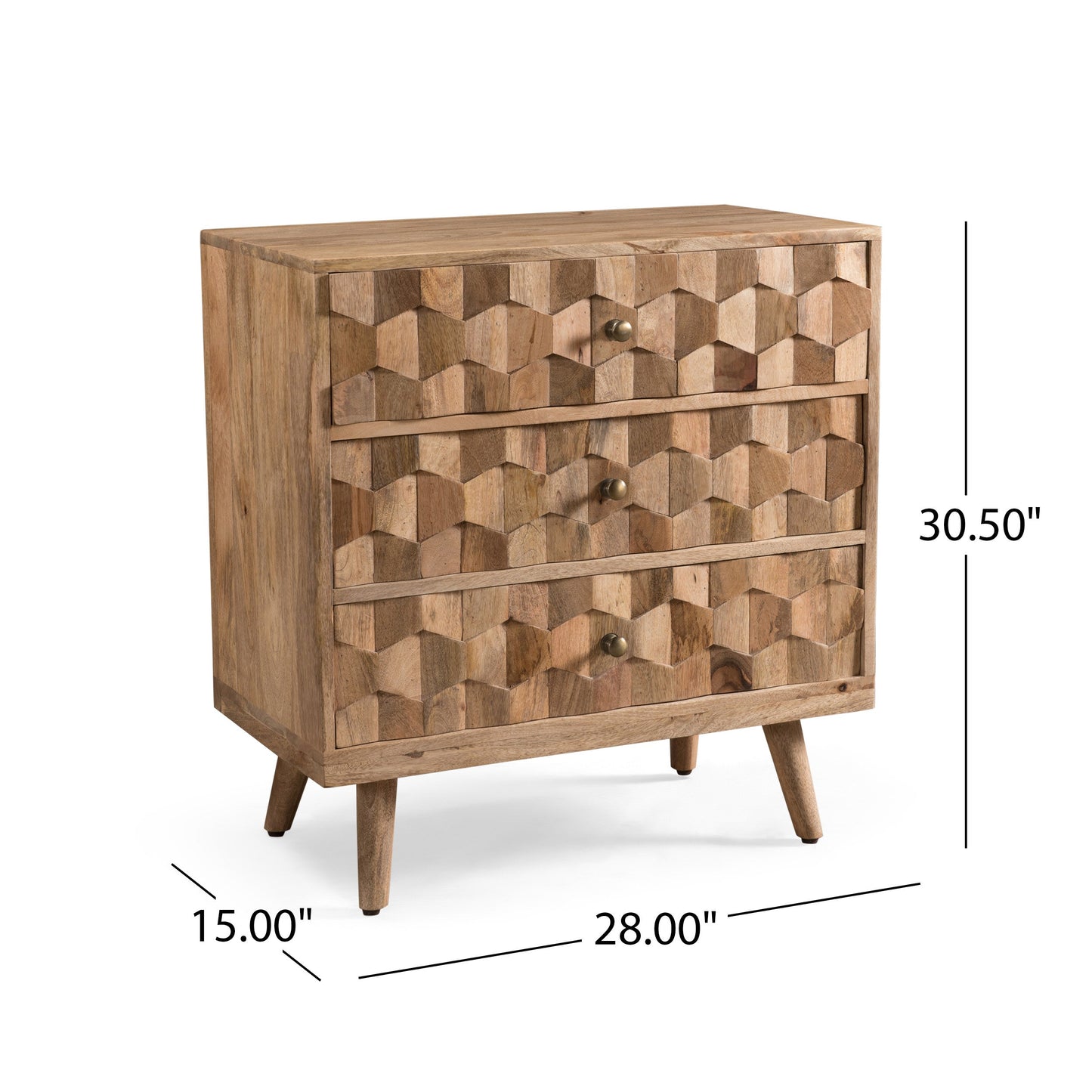 Mango Wood 3-Drawer Chest with 3D Tile Weave Design