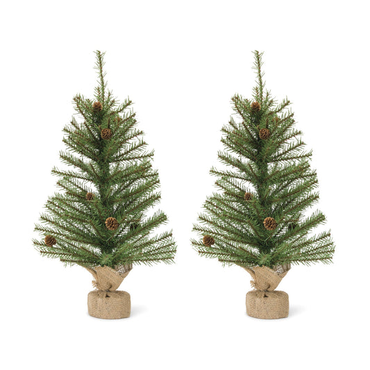 Mini Pine Tree with Burlap Bag Base and Pinecone Accents, Set of 2