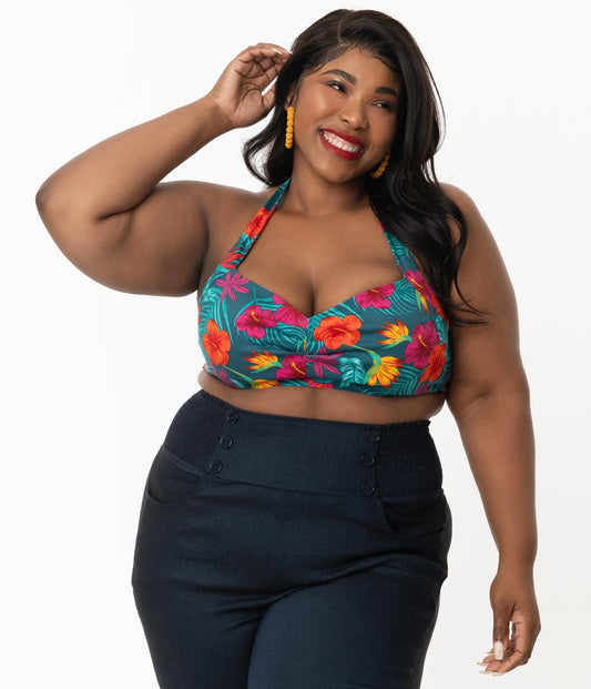 Collectif Plus Size 1960s Teal & Tropico Floral Print Halter Adriana Crop Top