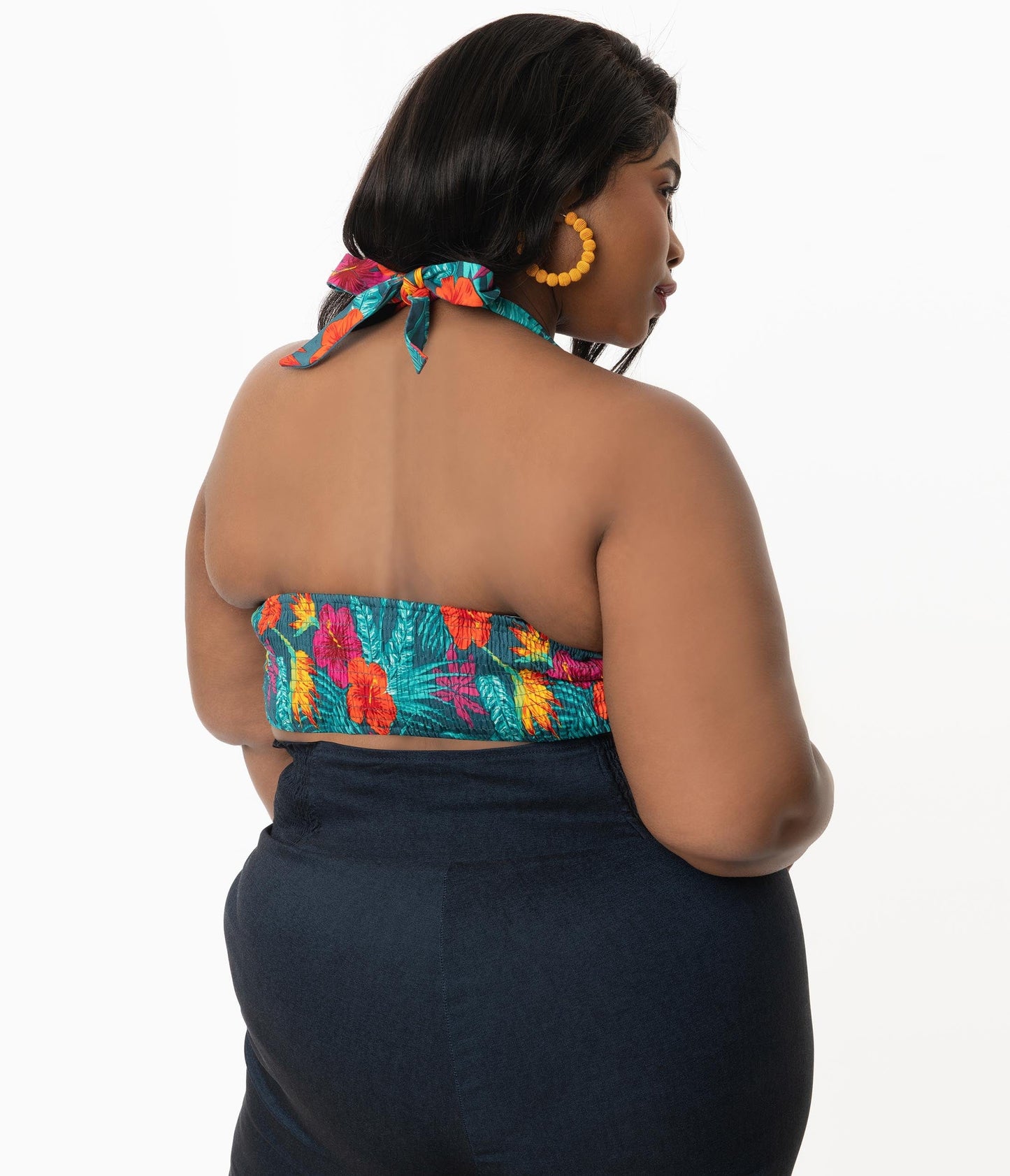 Collectif Plus Size 1960s Teal & Tropico Floral Print Halter Adriana Crop Top