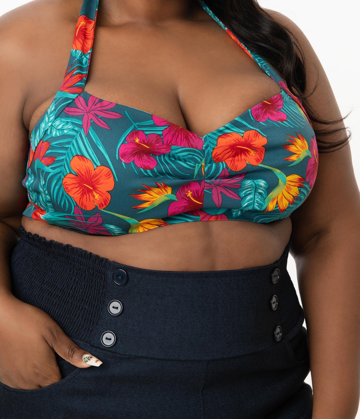 Collectif Plus Size 1960s Teal & Tropico Floral Print Halter Adriana Crop Top