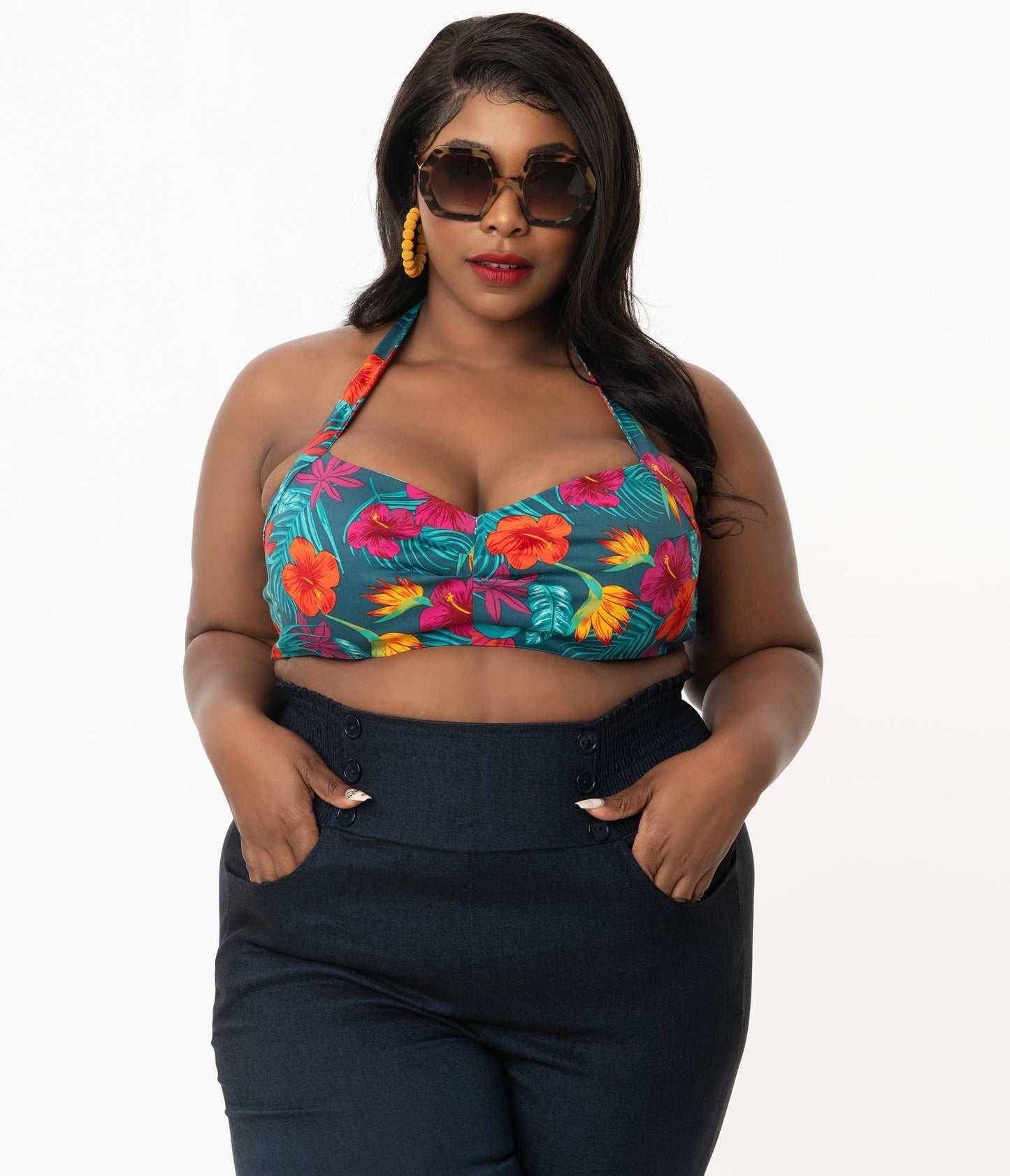 Collectif Plus Size 1960s Teal & Tropico Floral Print Halter Adriana Crop Top